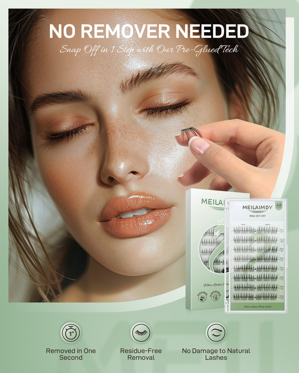 MEILAIMDY Self Adhesive DIY Lashes,0.07mm C Curl 48 Clusters 10-12mm Mixed Length Pre Glued False Eyelashes No Glue Needed Natural Wispy MSA-DIY-017