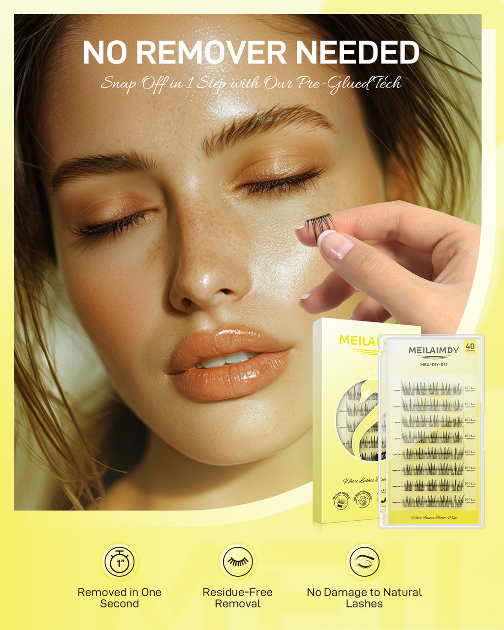 MEILAIMDY Self Adhesive DIY Lashes,0.07mm C Curl 40 Clusters 10-14mm Mixed Length Pre Glued False Eyelashes No Glue Needed Wispy MSA-DIY-012