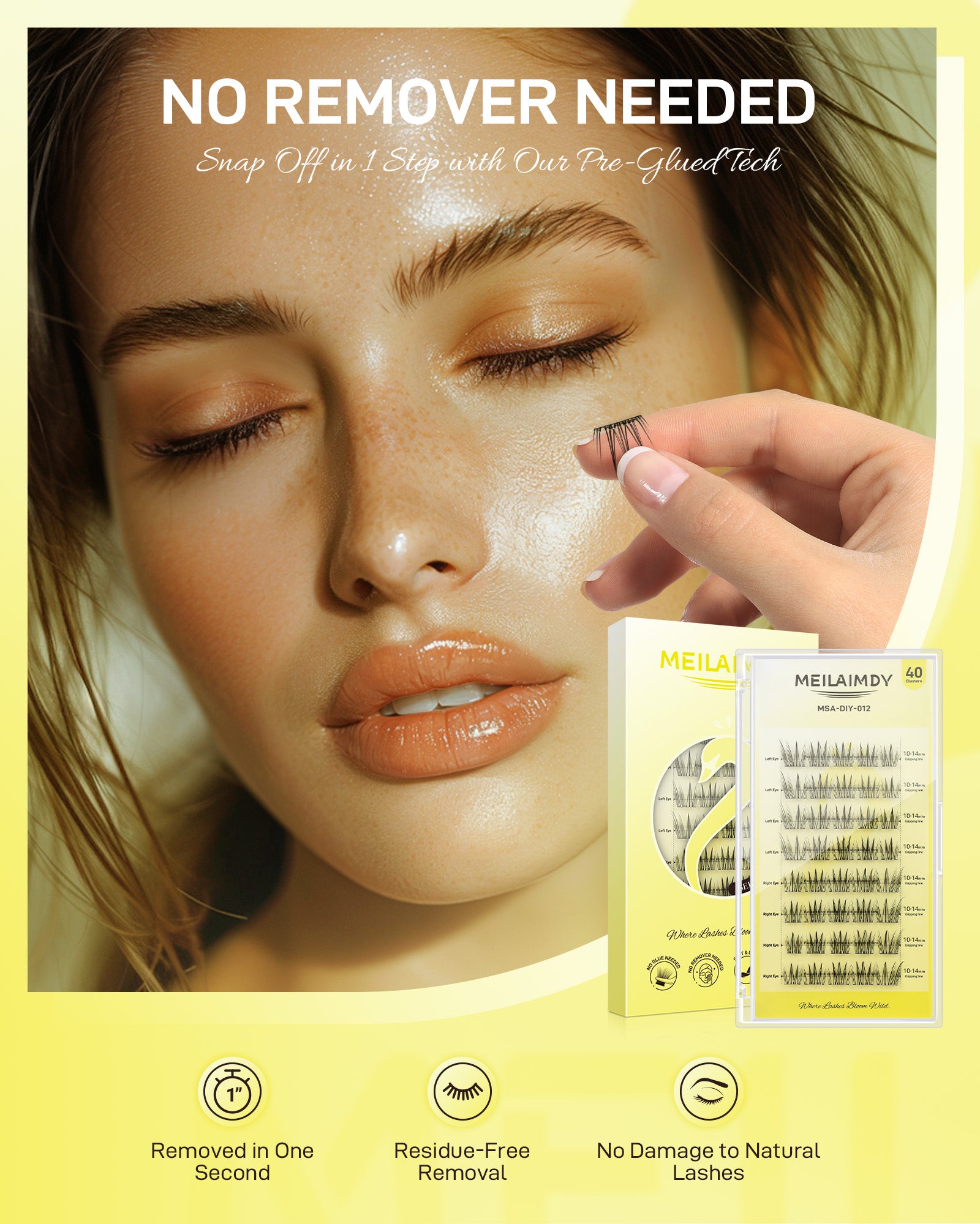 MEILAIMDY Self Adhesive DIY Lashes,0.07mm C Curl 40 Clusters 10-14mm Mixed Length Pre Glued False Eyelashes No Glue Needed Wispy MSA-DIY-012
