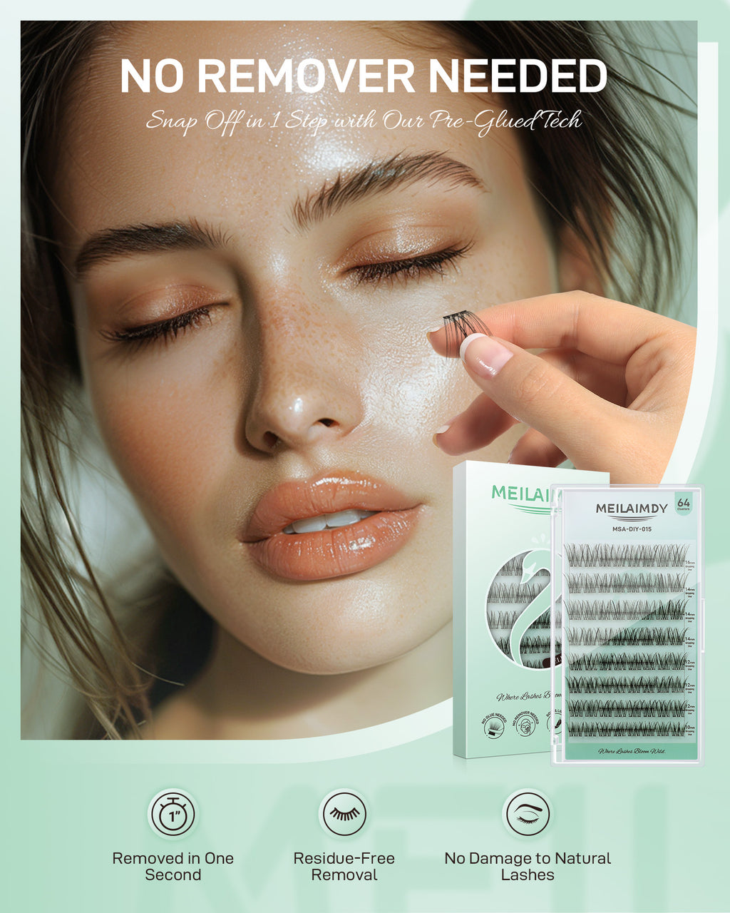 MEILAIMDY Self Adhesive DIY Lashes,0.07mm C Curl 64 Clusters 10-16mm Mixed Length Pre Glued False Eyelashes No Glue Needed Natural Wispy MSA-DIY-015