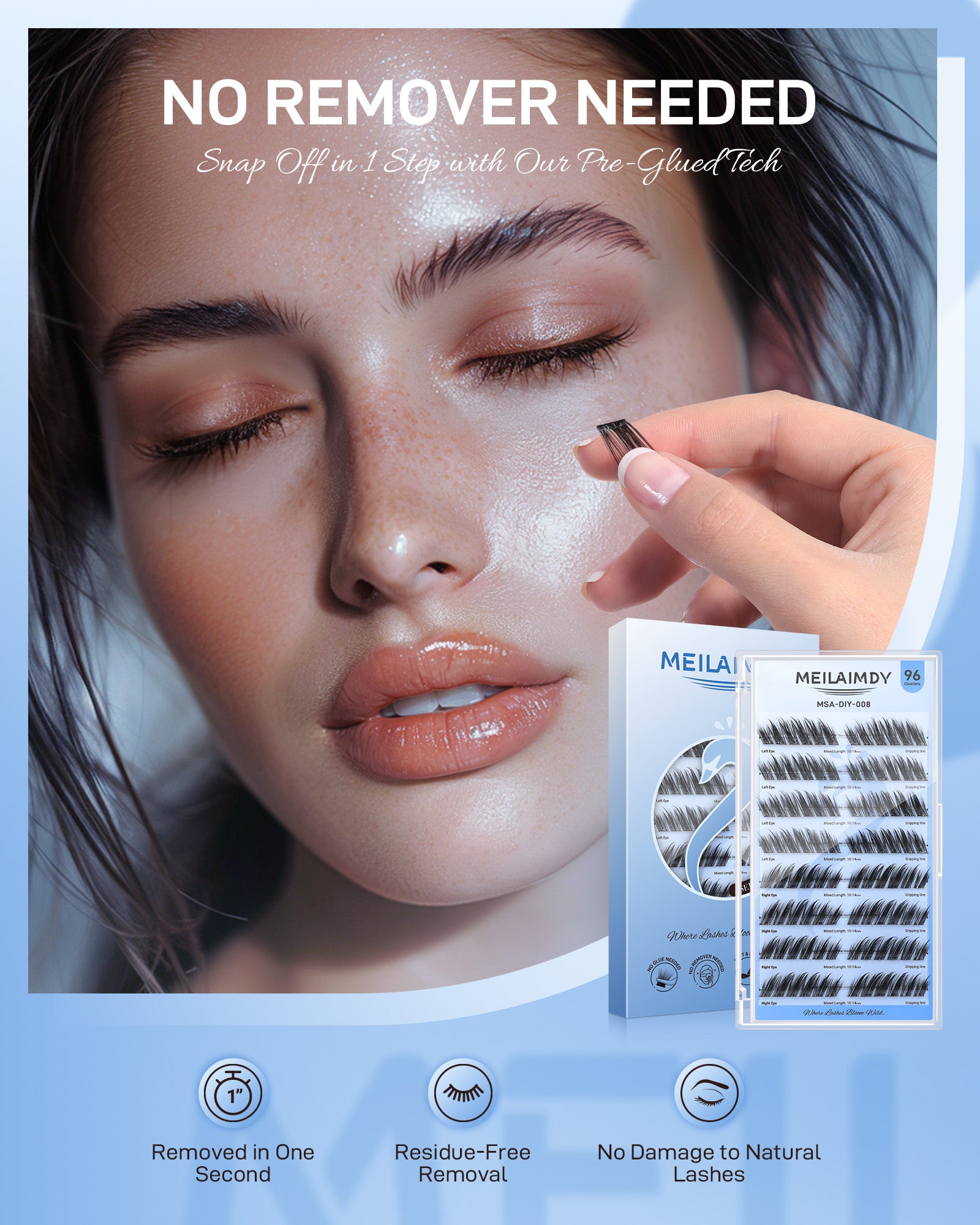 MEILAIMDY Self Adhesive DIY Lashes,0.07mm C Curl 96 Clusters 10-14mm Mixed Length Pre Glued False Eyelashes No Glue Needed Natural MSA-DIY-008