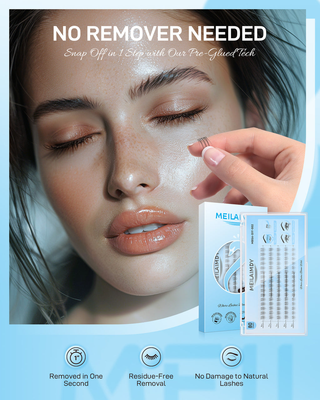 MEILAIMDY Self Adhesive DIY Bottom Lashes,0.07mm J Curl 80 Clusters 5-8mm Mixed Length Pre Glued Lower Eyelashes No Glue Needed Natural MBSA-DIY-002
