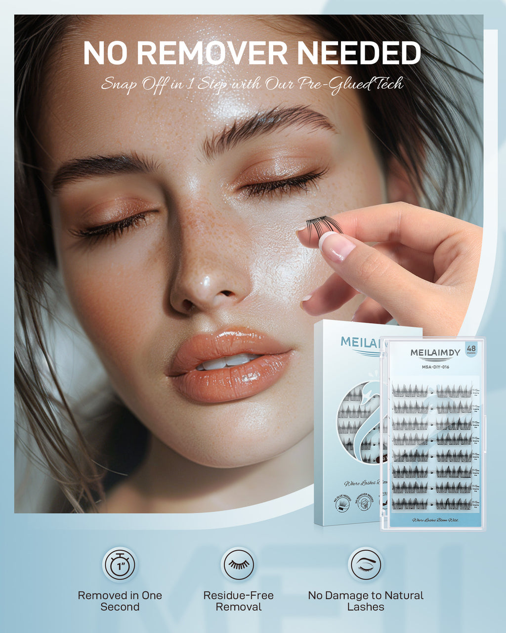 MEILAIMDY Self Adhesive DIY Lashes,0.07mm C Curl 48 Clusters 11-13mm Mixed Length  Pre Glued False Eyelashes No Glue Needed Natural Wispy MSA-DIY-016