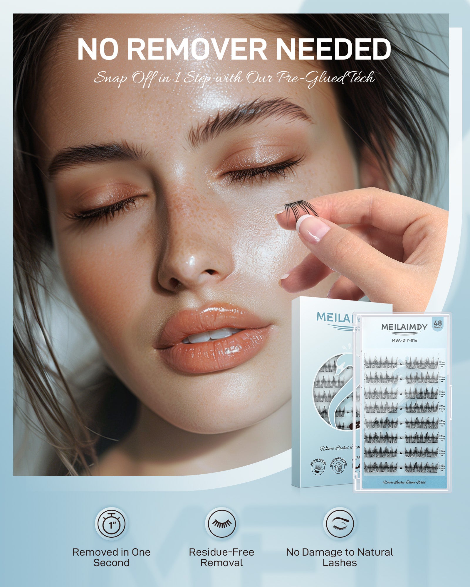 MEILAIMDY Self Adhesive DIY Lashes,0.07mm C Curl 48 Clusters 11-13mm Mixed Length  Pre Glued False Eyelashes No Glue Needed Natural Wispy MSA-DIY-016