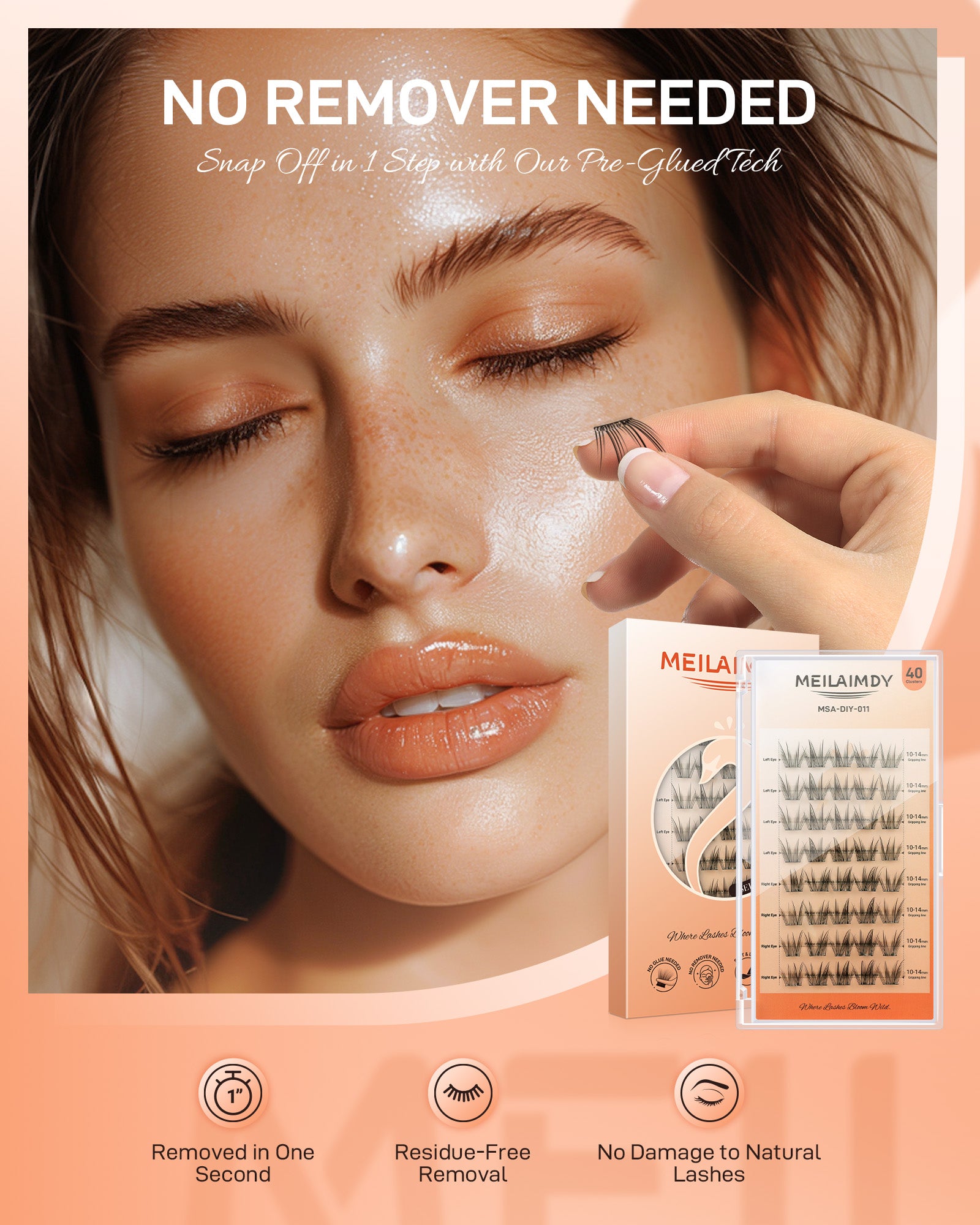 MEILAIMDY Self Adhesive DIY Lashes,0.07mm C Curl 40 Clusters 10-14mm Mixed Length Pre Glued False Eyelashes No Glue Needed Wispy MSA-DIY-011
