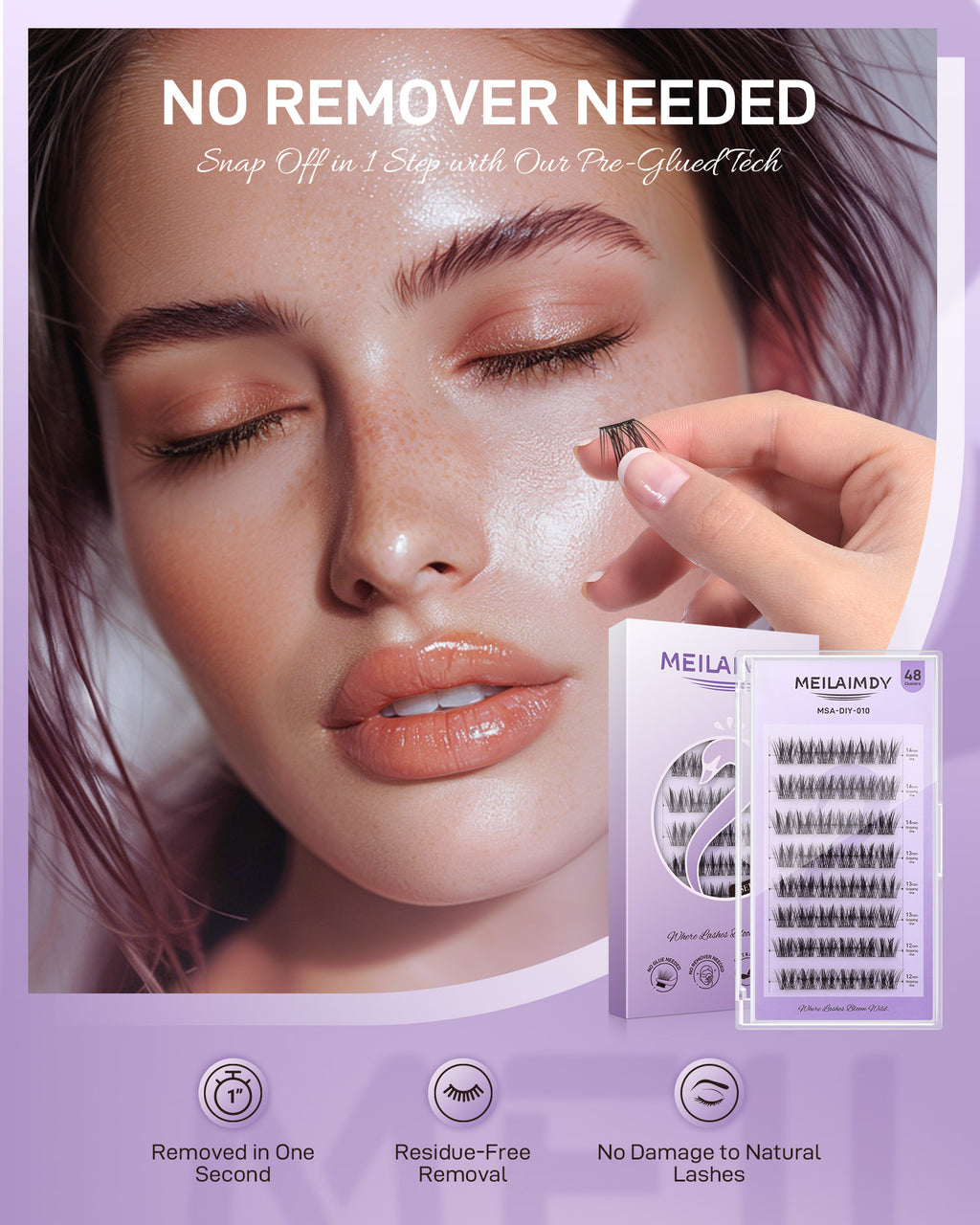 MEILAIMDY Self Adhesive DIY Lashes,0.07mm C Curl 48 Clusters 12-14mm Mixed Length Pre Glued False Eyelashes No Glue Needed Natural Wispy MSA-DIY-010