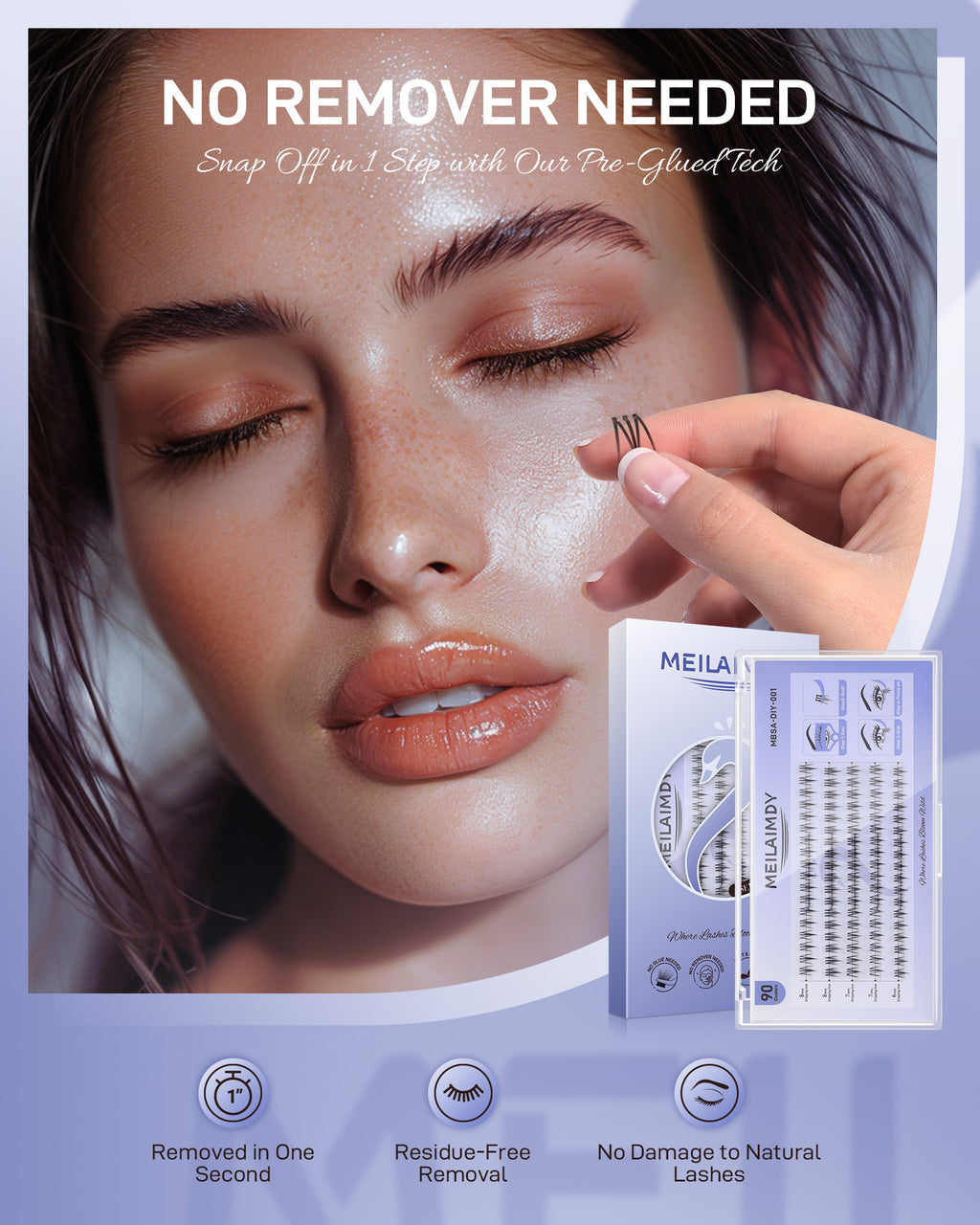 MEILAIMDY Self Adhesive DIY Bottom Lashes,0.07mm J Curl 90 Clusters 6-8mm Mixed Length Pre Glued Lower Eyelashes No Glue Needed Natural MBSA-DIY-001