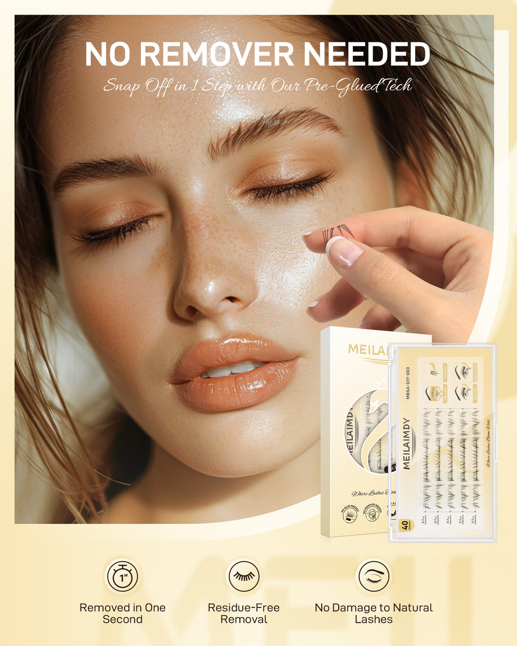 MEILAIMDY Self Adhesive DIY Bottom Lashes,0.07mm J Curl 40 Clusters 5-7mm Mixed Length Pre Glued Lower Eyelashes No Glue Needed Natural MBSA-DIY-003