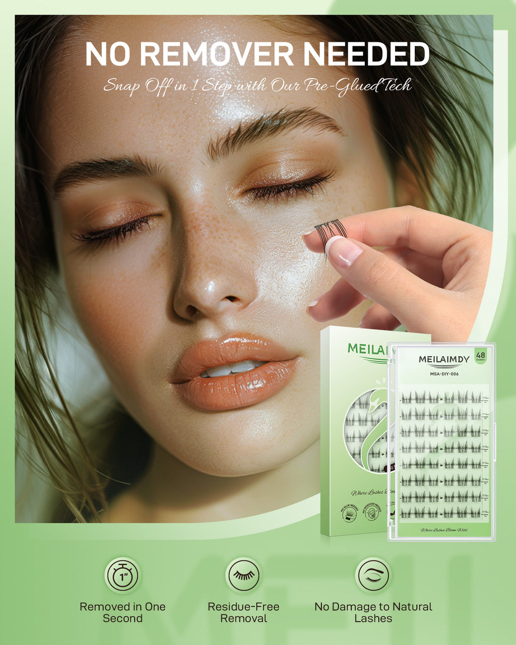 MEILAIMDY Self Adhesive DIY Lashes,0.07mm C Curl 48 Clusters 11-13mm Mixed Length Pre Glued False Eyelashes No Glue Needed Natural MSA-DIY-006