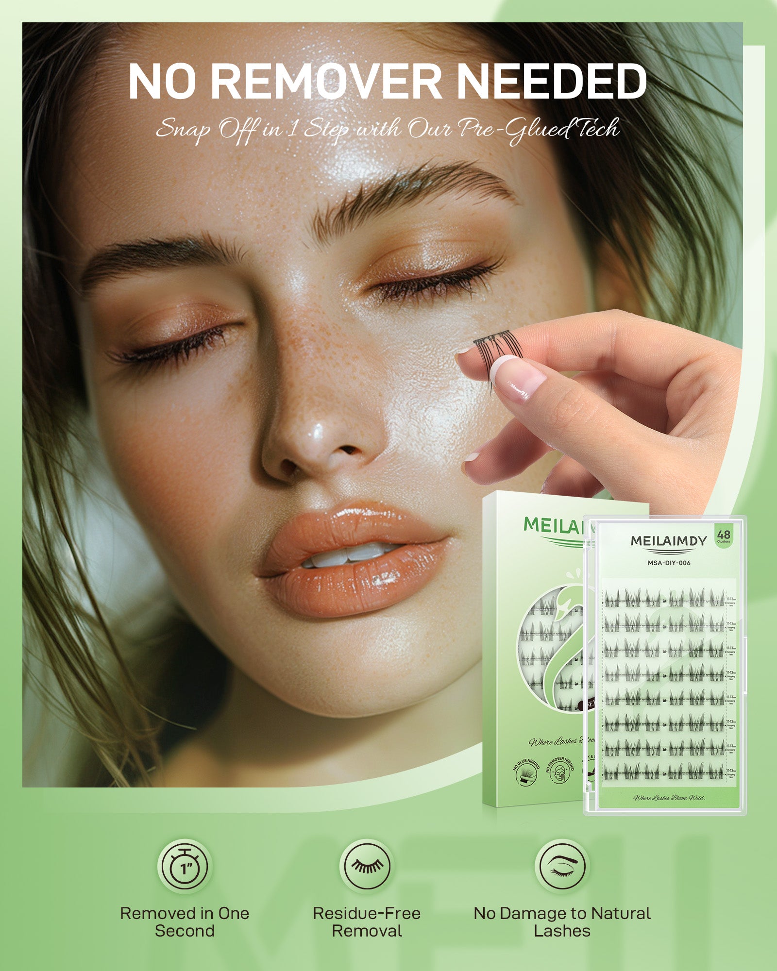 MEILAIMDY Self Adhesive DIY Lashes,0.07mm C Curl 48 Clusters 11-13mm Mixed Length Pre Glued False Eyelashes No Glue Needed Natural MSA-DIY-006