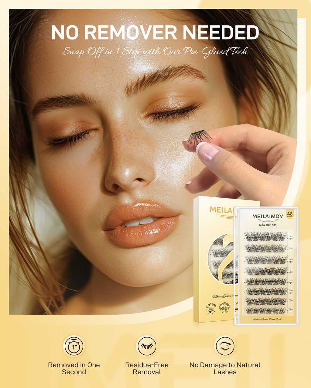 MEILAIMDY Self Adhesive DIY Lashes,0.07mm C Curl 48 Clusters 10-16mm Mixed Length Pre Glued False Eyelashes No Glue Needed Volume MSA-DIY-003