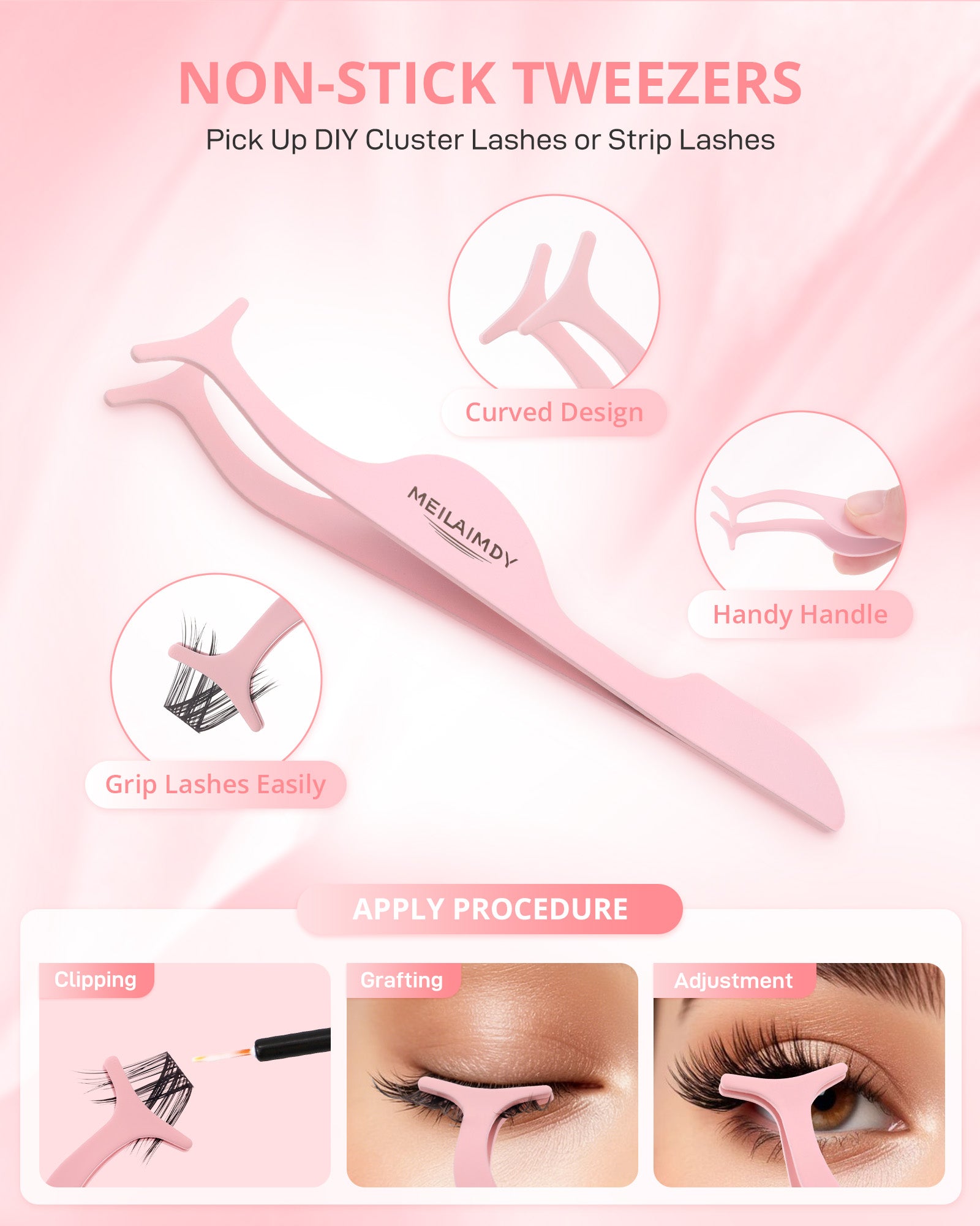 MEILAIMDY 4-in-1 DIY Lash Tweezer Set, Non-Stick Pink Eyelash Applicator Tools with 3 PCS Tweezers & Lash Brush for Upper & Bottom Cluster Lashes Lightweight