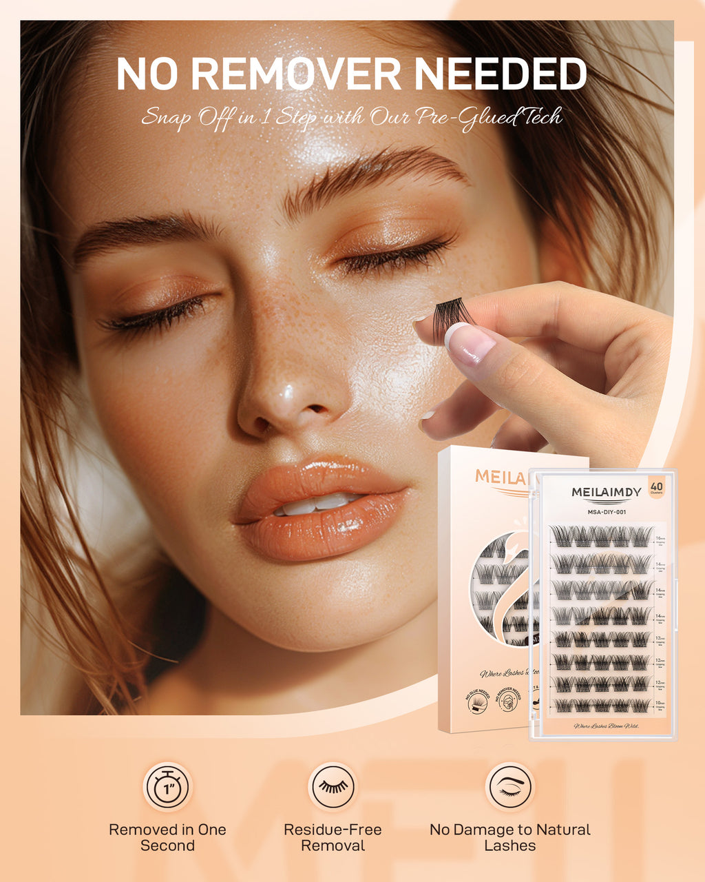 MEILAIMDY Self Adhesive DIY Lashes,0.07mm C Curl 40 Clusters 10-16mm Mixed Length Pre Glued False Eyelashes No Glue Needed Natural MSA-DIY-001
