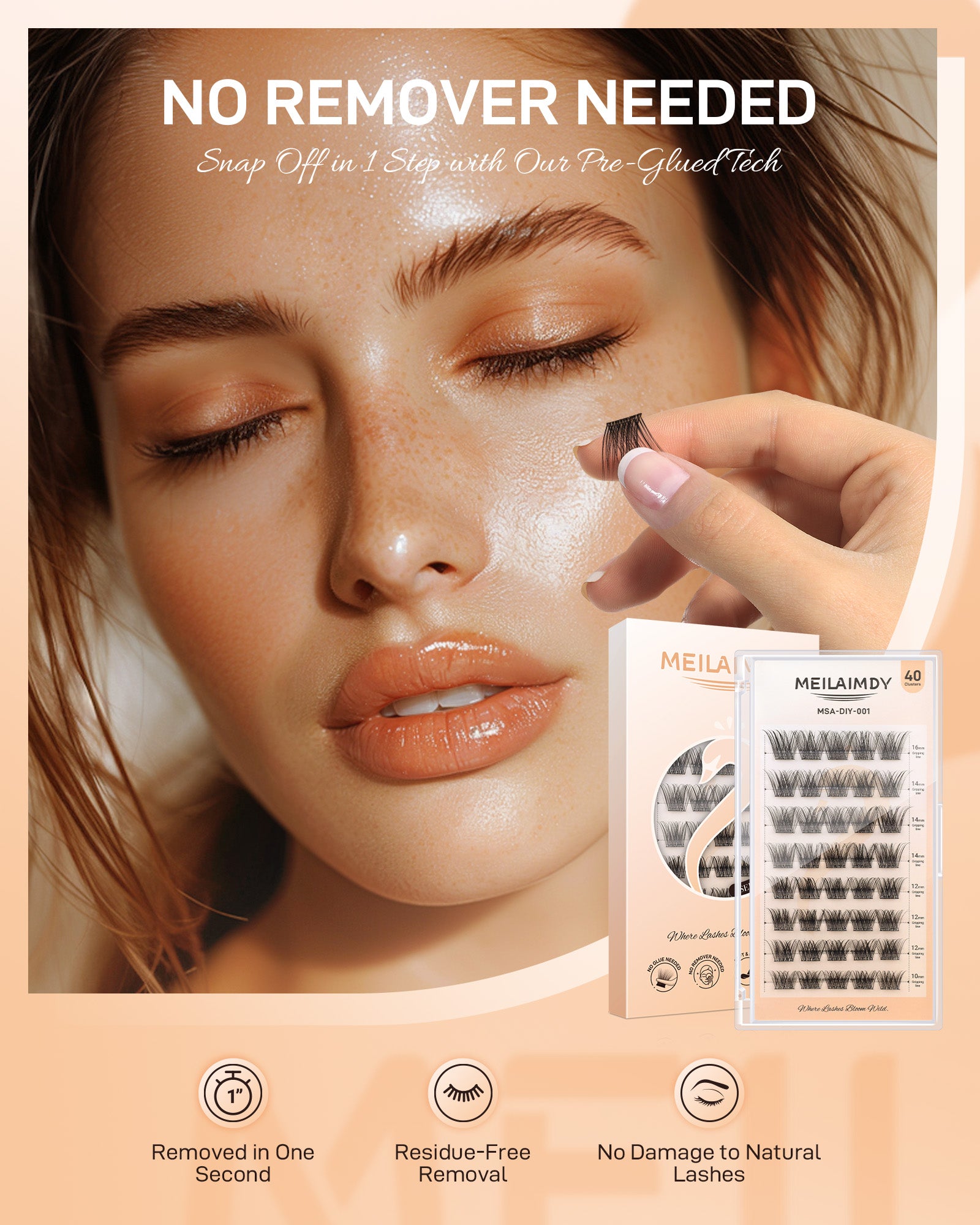 MEILAIMDY Self Adhesive DIY Lashes,0.07mm C Curl 40 Clusters 10-16mm Mixed Length Pre Glued False Eyelashes No Glue Needed Natural MSA-DIY-001
