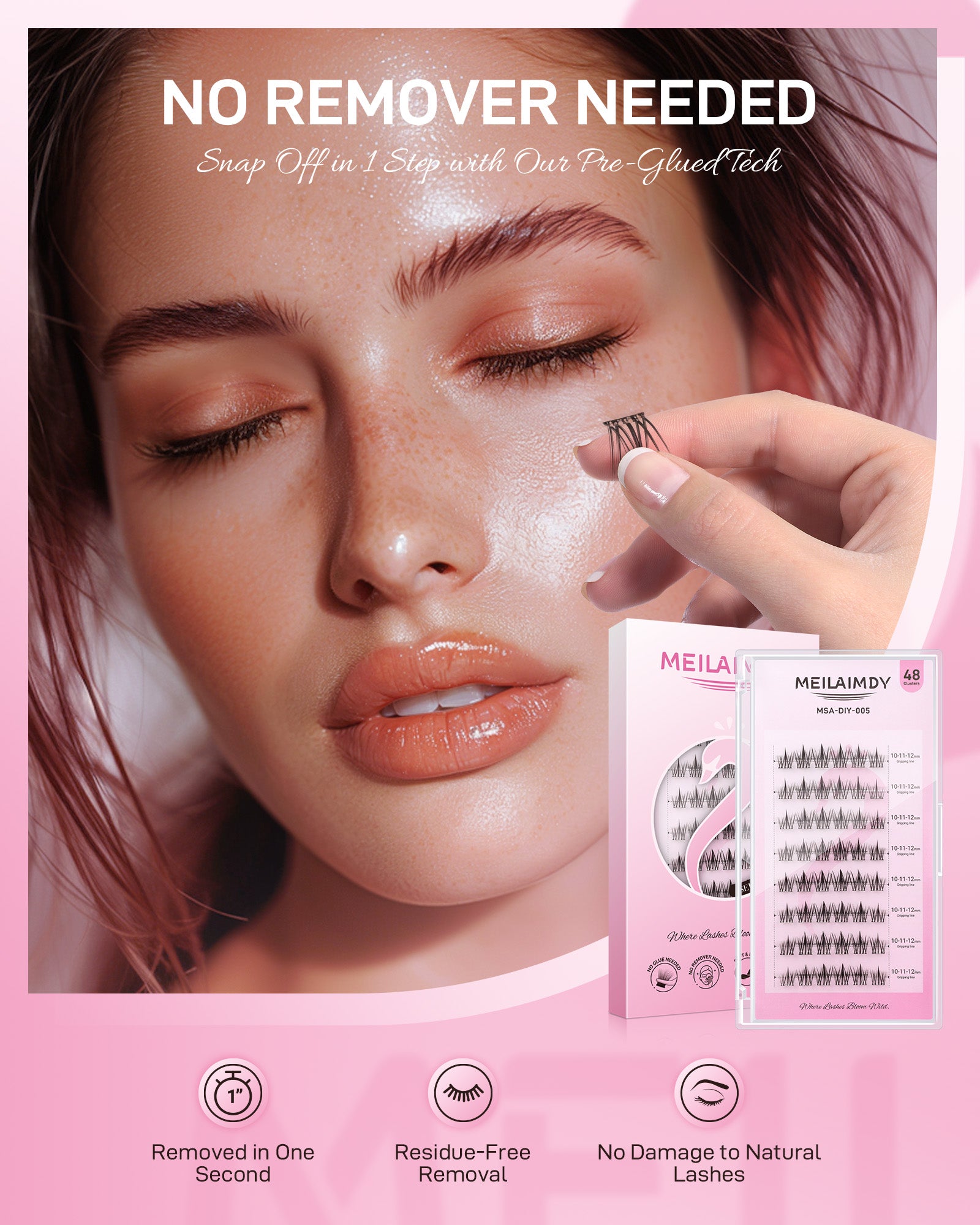 MEILAIMDY Self Adhesive DIY Lashes,0.07mm C Curl 48 Clusters 10-12mm Mixed Length Pre Glued False Eyelashes No Glue Needed Natural MSA-DIY-005