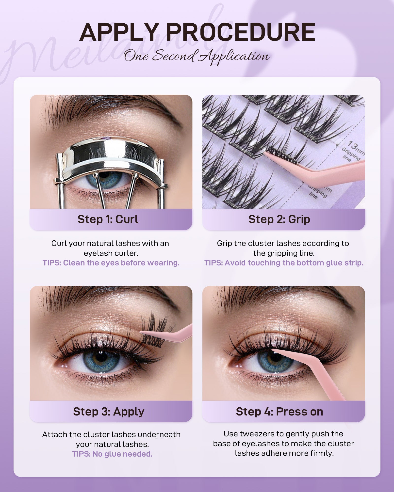 MEILAIMDY Self Adhesive DIY Lashes,0.07mm C Curl 48 Clusters 12-14mm Mixed Length Pre Glued False Eyelashes No Glue Needed Natural Wispy MSA-DIY-010
