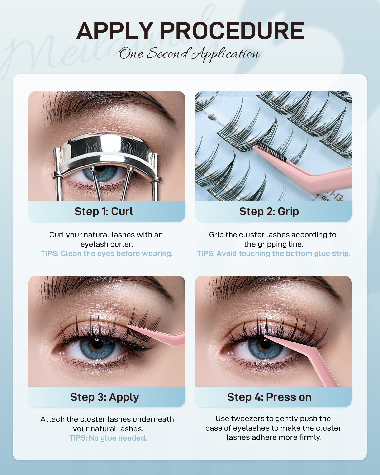 MEILAIMDY Self Adhesive DIY Lashes,0.07mm C Curl 48 Clusters 11-13mm Mixed Length  Pre Glued False Eyelashes No Glue Needed Natural Wispy MSA-DIY-016