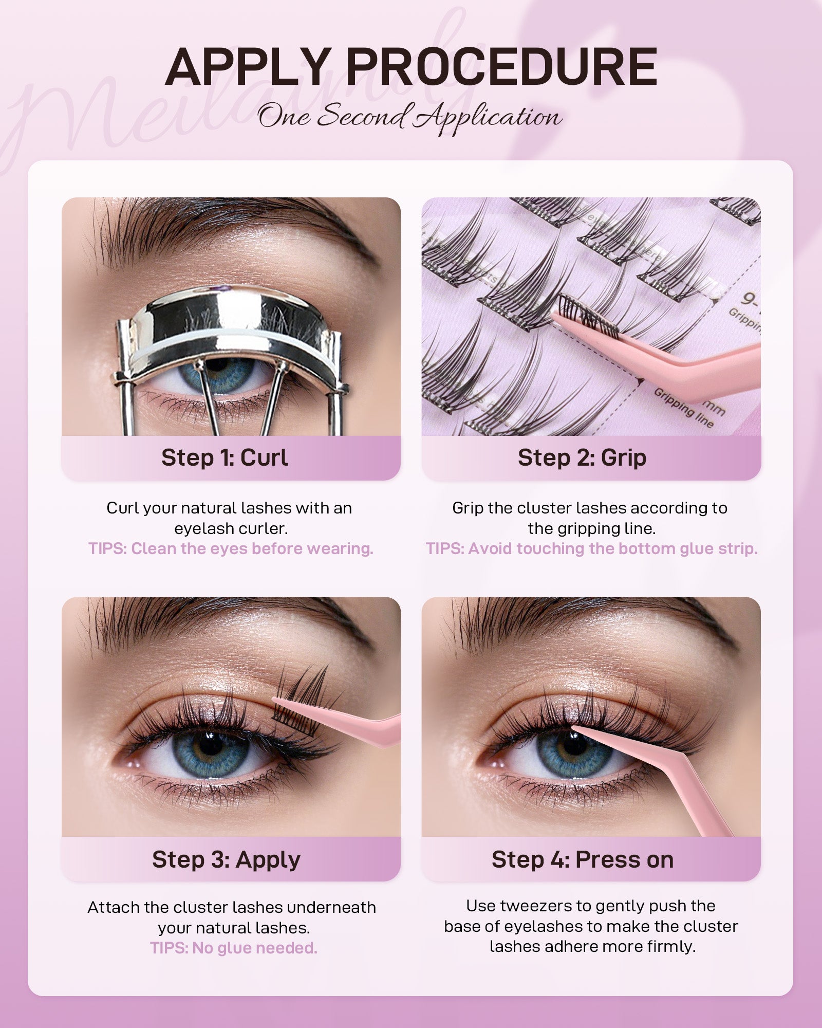 MEILAIMDY Self Adhesive DIY Lashes,0.07mm C Curl 40 Clusters 9-14mm Mixed Length Pre Glued False Eyelashes No Glue Needed Natural Wispy MSA-DIY-013