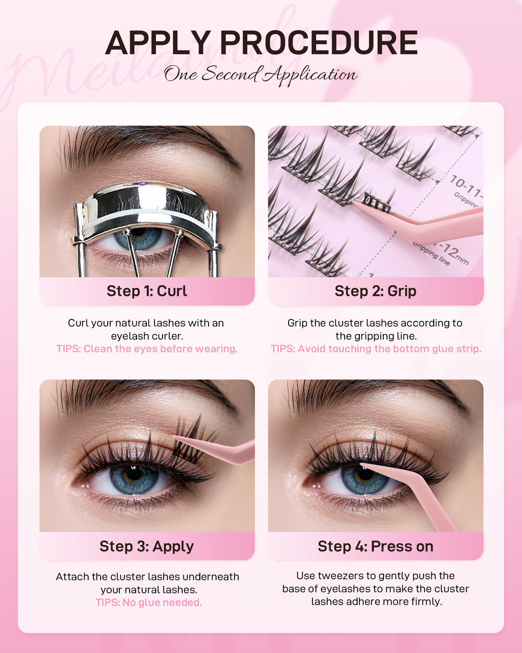 MEILAIMDY Self Adhesive DIY Lashes,0.07mm C Curl 48 Clusters 10-12mm Mixed Length Pre Glued False Eyelashes No Glue Needed Natural MSA-DIY-005