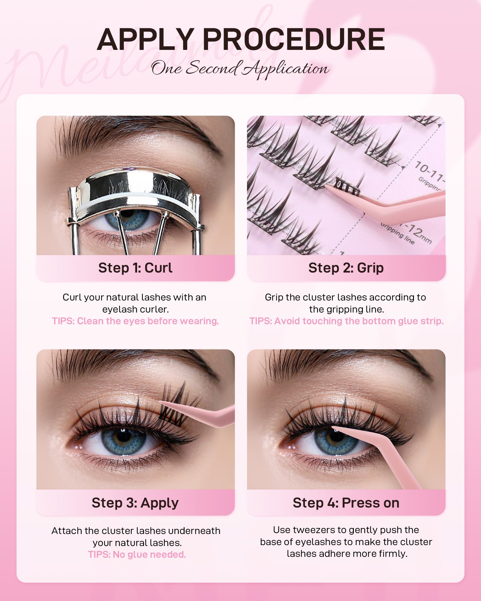 MEILAIMDY Self Adhesive DIY Lashes,0.07mm C Curl 48 Clusters 10-12mm Mixed Length Pre Glued False Eyelashes No Glue Needed Natural MSA-DIY-005