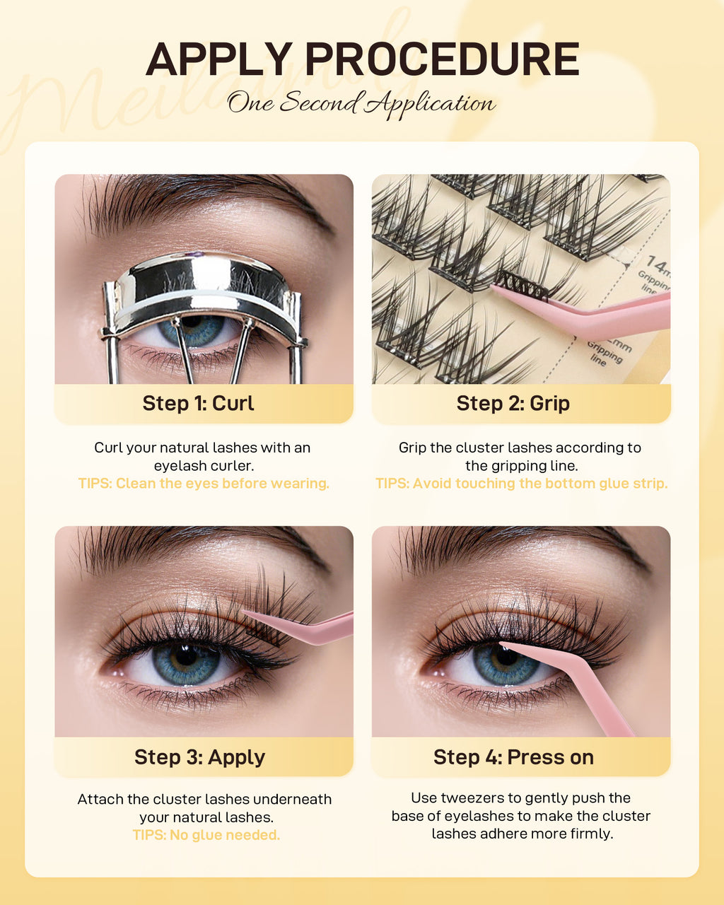 MEILAIMDY Self Adhesive DIY Lashes,0.07mm C Curl 48 Clusters 10-16mm Mixed Length Pre Glued False Eyelashes No Glue Needed Volume MSA-DIY-003
