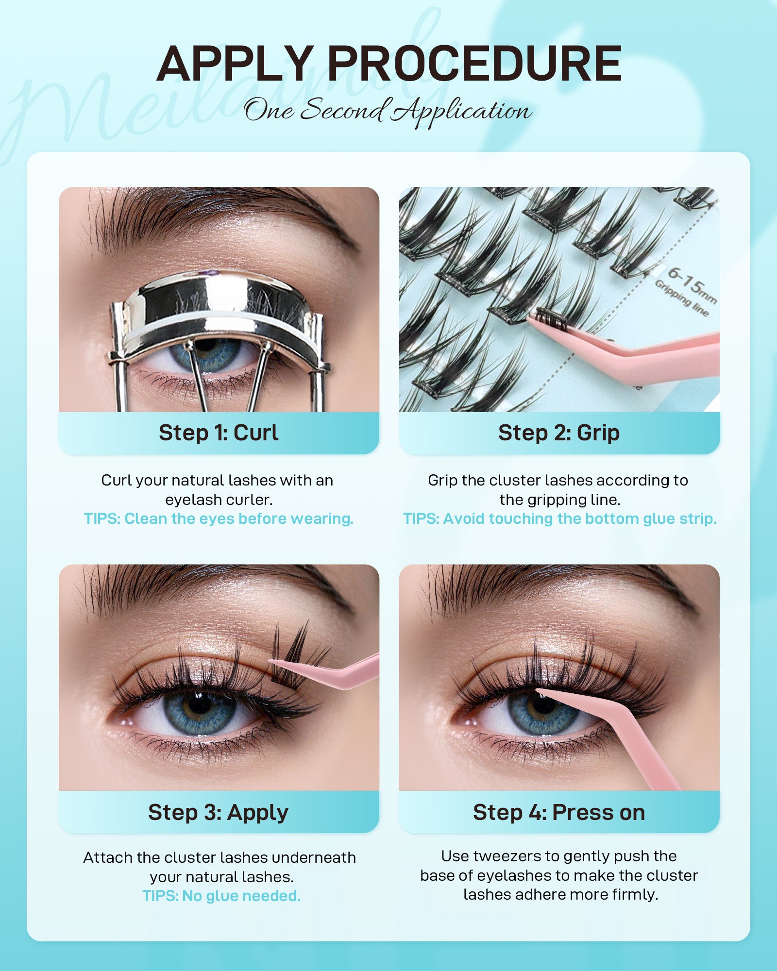 MEILAIMDY Self Adhesive DIY Lashes,0.07mm C Curl 56 Clusters 6-15mm Mixed Length Pre Glued False Eyelashes No Glue Needed Wispy Makeup MSA-DIY-009