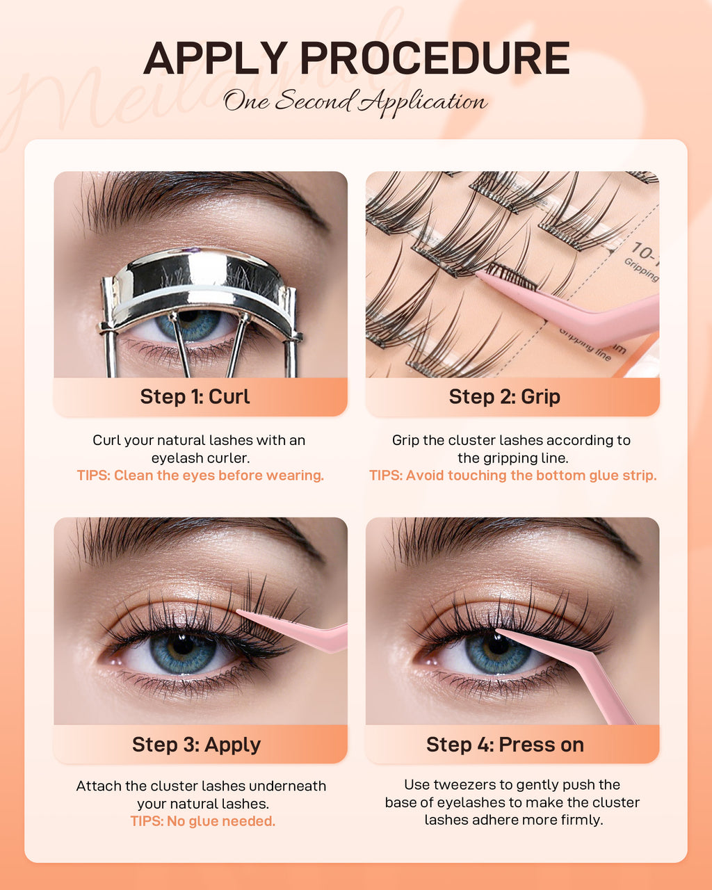 MEILAIMDY Self Adhesive DIY Lashes,0.07mm C Curl 40 Clusters 10-14mm Mixed Length Pre Glued False Eyelashes No Glue Needed Wispy MSA-DIY-011