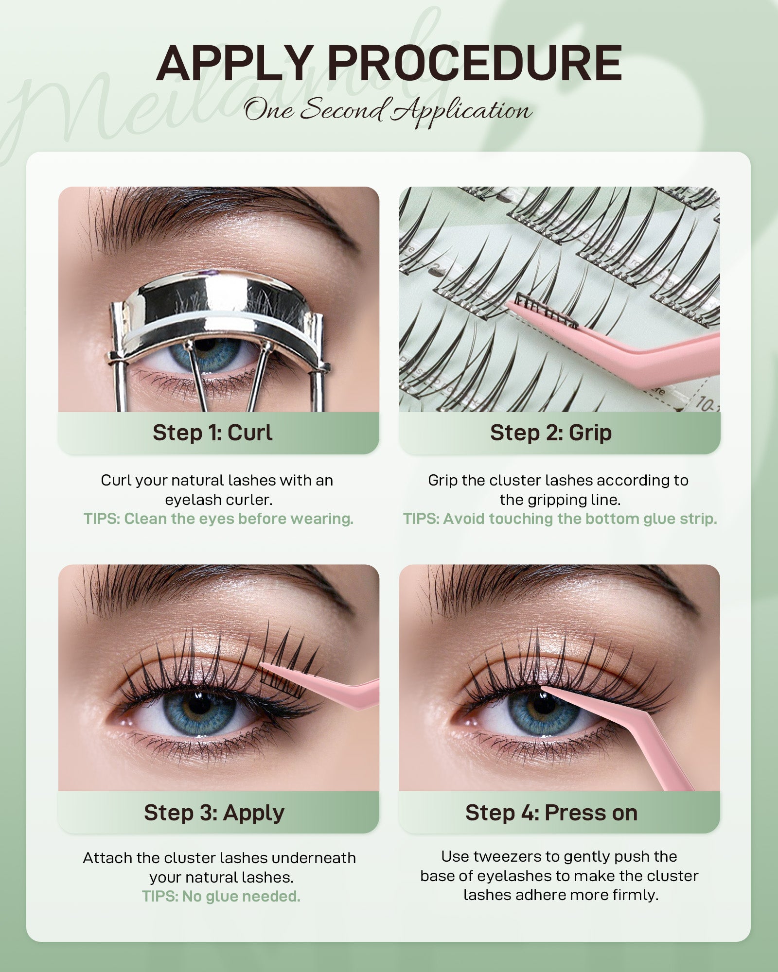 MEILAIMDY Self Adhesive DIY Lashes,0.07mm C Curl 48 Clusters 10-12mm Mixed Length Pre Glued False Eyelashes No Glue Needed Natural Wispy MSA-DIY-017