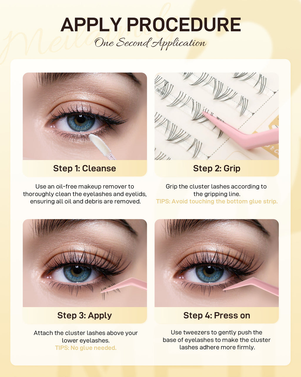 MEILAIMDY Self Adhesive DIY Bottom Lashes,0.07mm J Curl 40 Clusters 5-7mm Mixed Length Pre Glued Lower Eyelashes No Glue Needed Natural MBSA-DIY-003