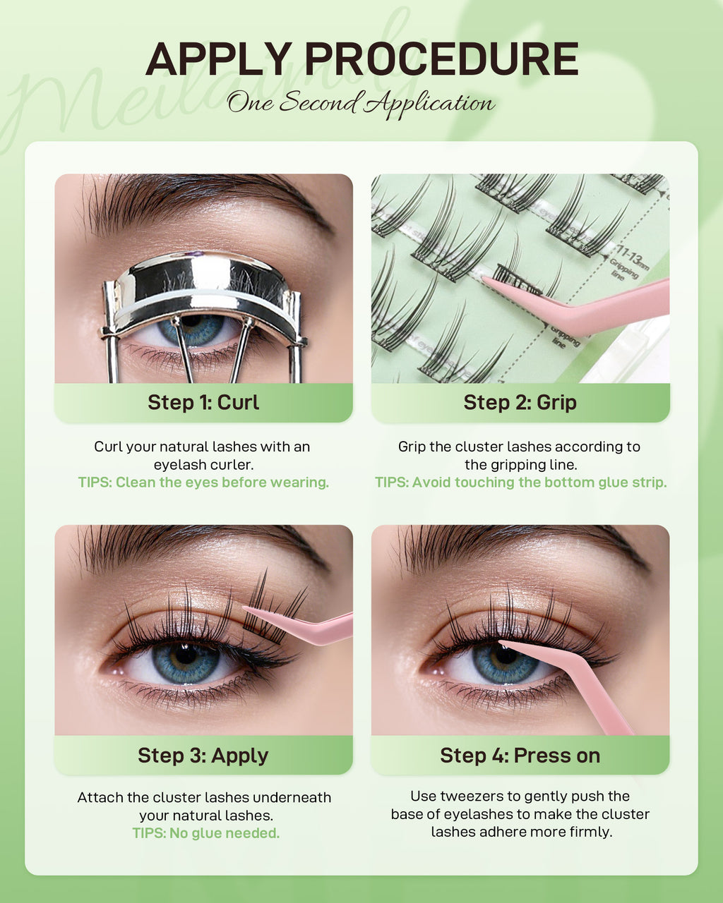 MEILAIMDY Self Adhesive DIY Lashes,0.07mm C Curl 48 Clusters 11-13mm Mixed Length Pre Glued False Eyelashes No Glue Needed Natural MSA-DIY-006