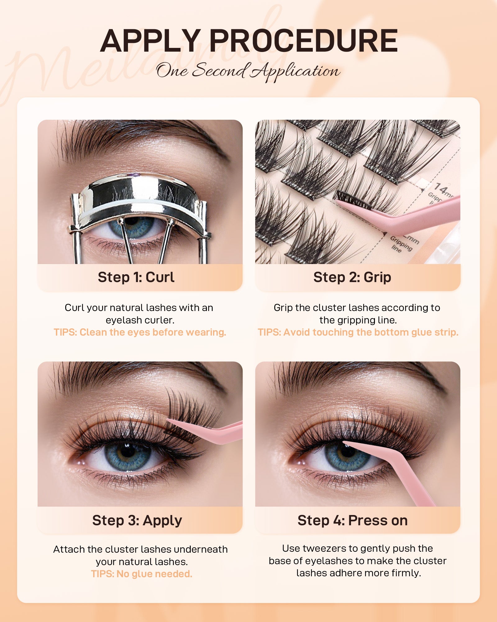 MEILAIMDY Self Adhesive DIY Lashes,0.07mm C Curl 40 Clusters 10-16mm Mixed Length Pre Glued False Eyelashes No Glue Needed Natural MSA-DIY-001