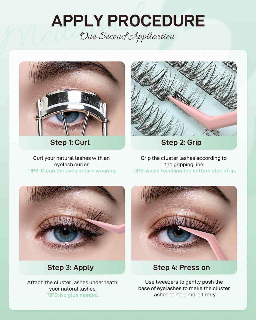 MEILAIMDY Self Adhesive DIY Lashes,0.07mm C Curl 64 Clusters 10-16mm Mixed Length Pre Glued False Eyelashes No Glue Needed Natural Wispy MSA-DIY-015