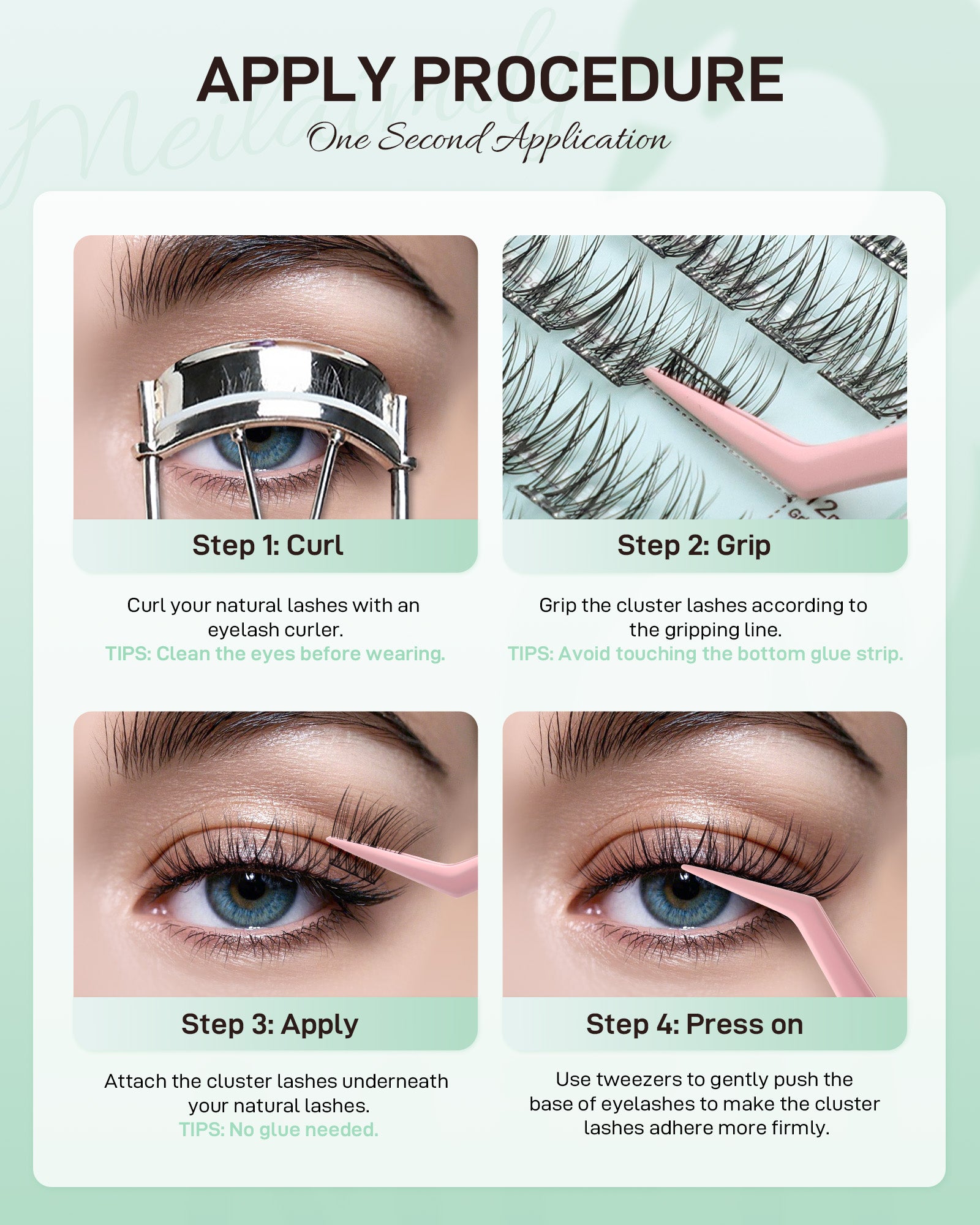 MEILAIMDY Self Adhesive DIY Lashes,0.07mm C Curl 64 Clusters 10-16mm Mixed Length Pre Glued False Eyelashes No Glue Needed Natural Wispy MSA-DIY-015