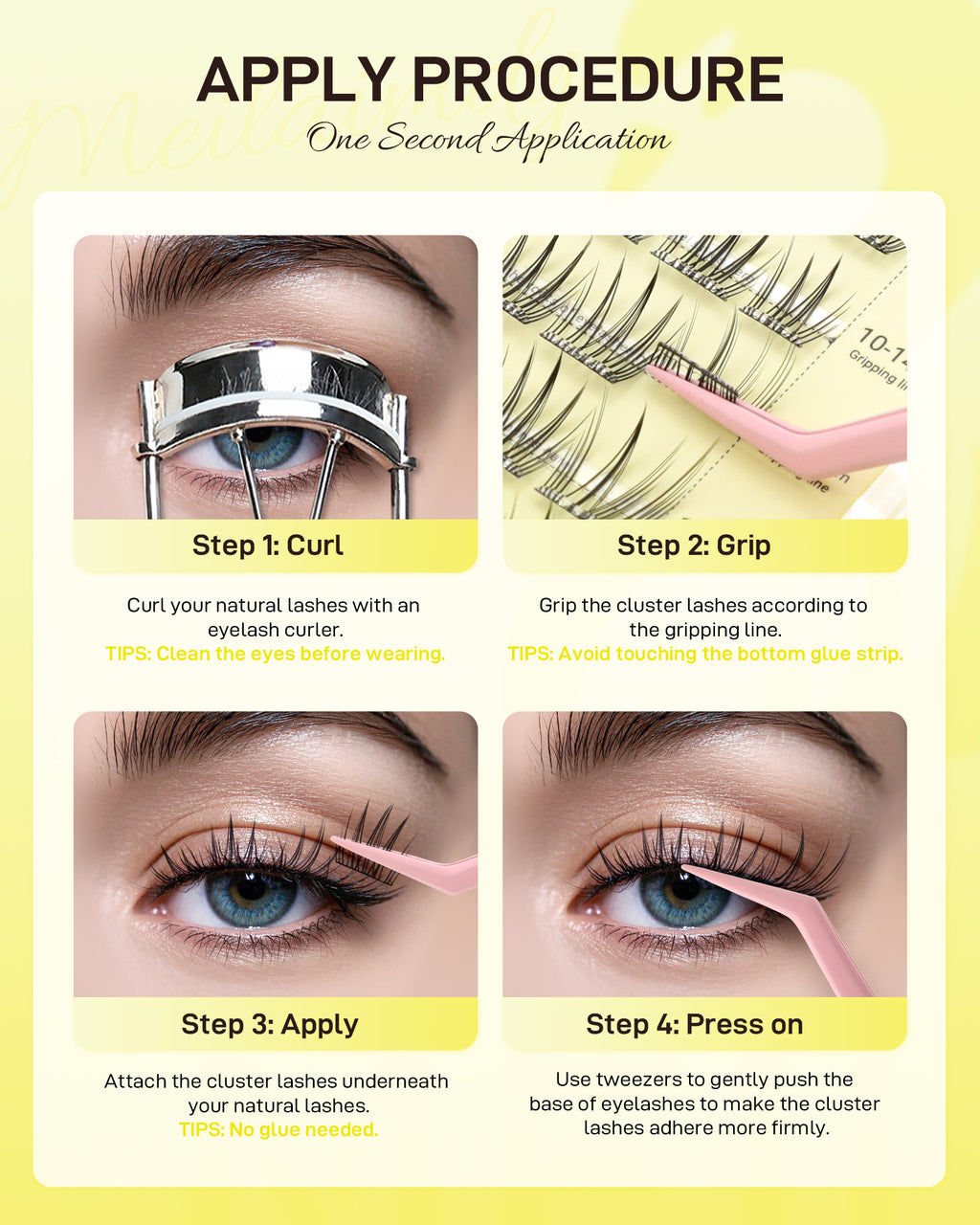 MEILAIMDY Self Adhesive DIY Lashes,0.07mm C Curl 40 Clusters 10-14mm Mixed Length Pre Glued False Eyelashes No Glue Needed Wispy MSA-DIY-012