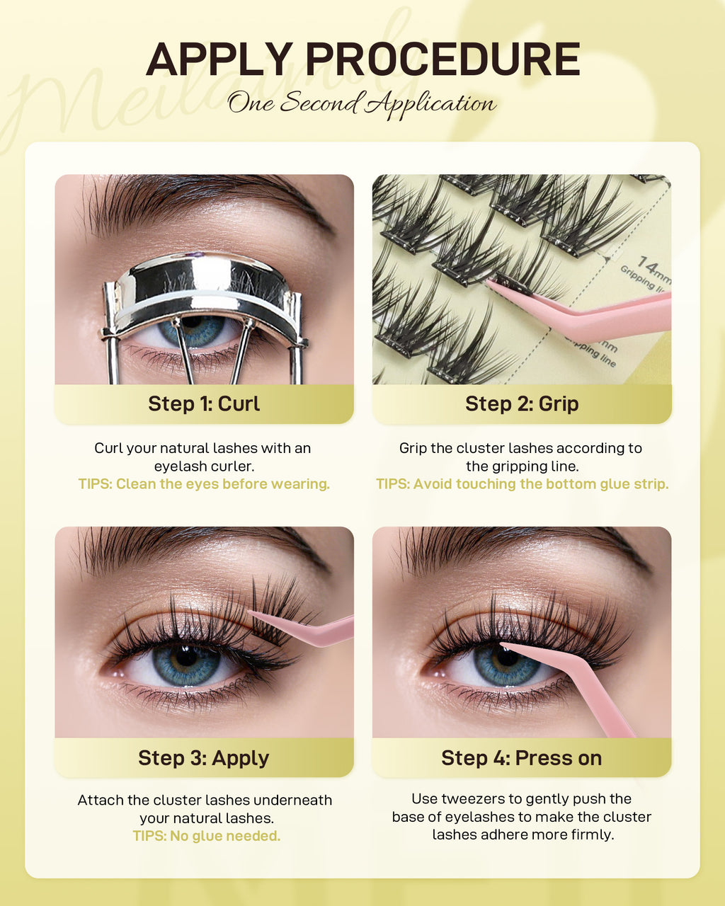 MEILAIMDY Self Adhesive DIY Lashes,0.07mm C Curl 48 Clusters 10-16mm Mixed Length Pre Glued False Eyelashes No Glue Needed Natural MSA-DIY-004