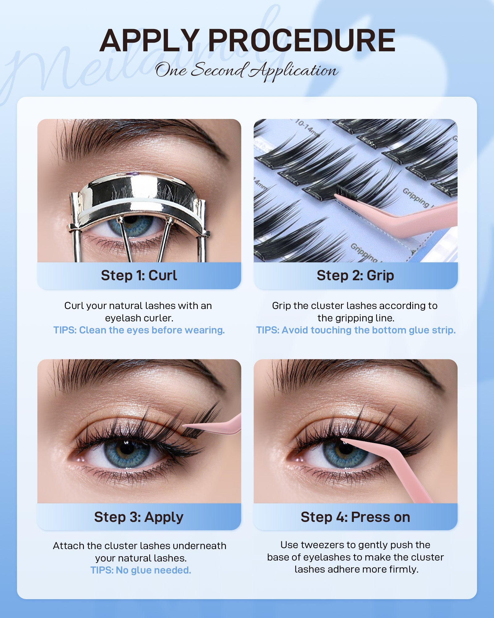 MEILAIMDY Self Adhesive DIY Lashes,0.07mm C Curl 96 Clusters 10-14mm Mixed Length Pre Glued False Eyelashes No Glue Needed Natural MSA-DIY-008