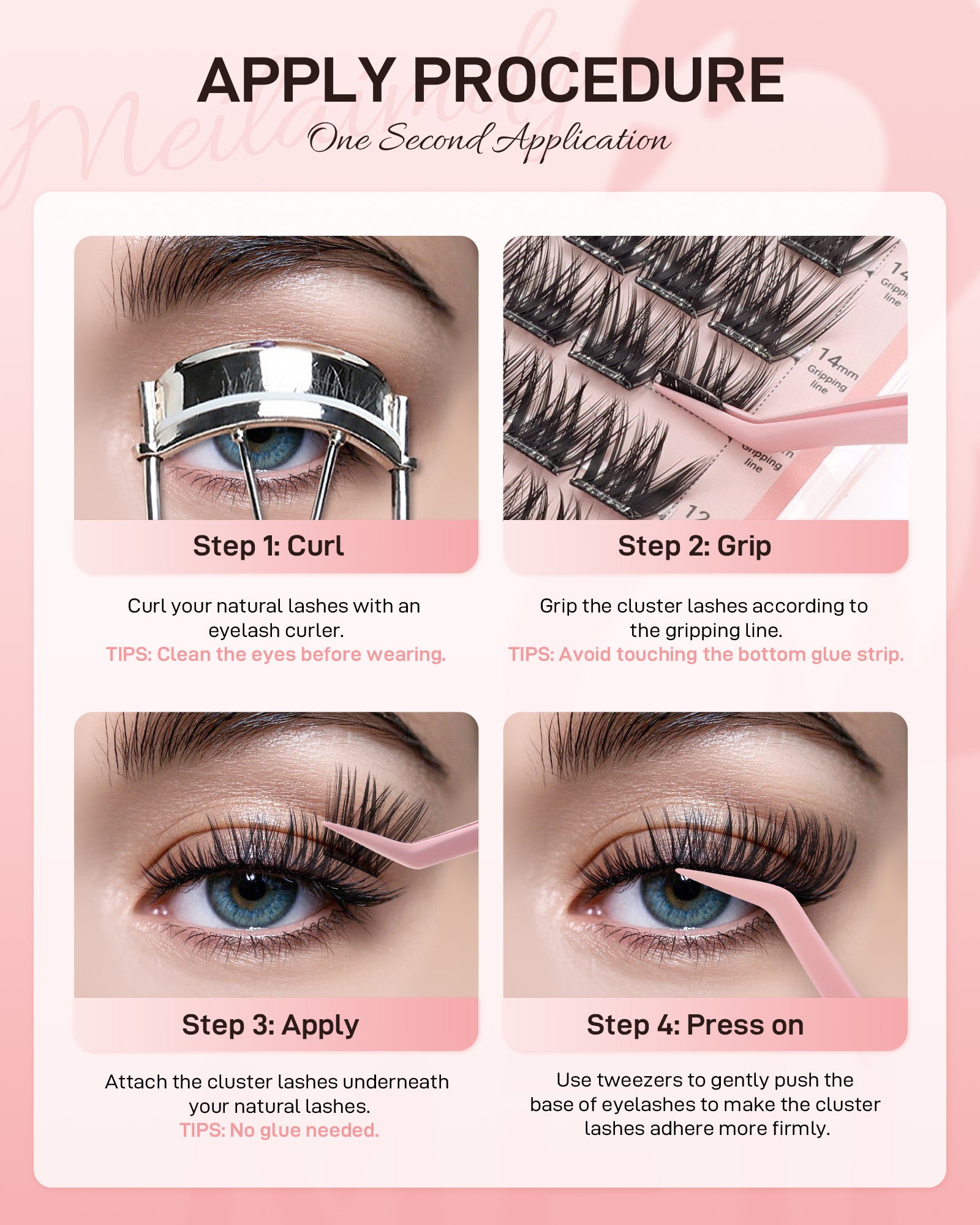 MEILAIMDY Self Adhesive DIY Lashes,0.07mm C Curl 48 Clusters 10-16mm Mixed Length Pre Glued False Eyelashes No Glue Needed Volume MSA-DIY-002