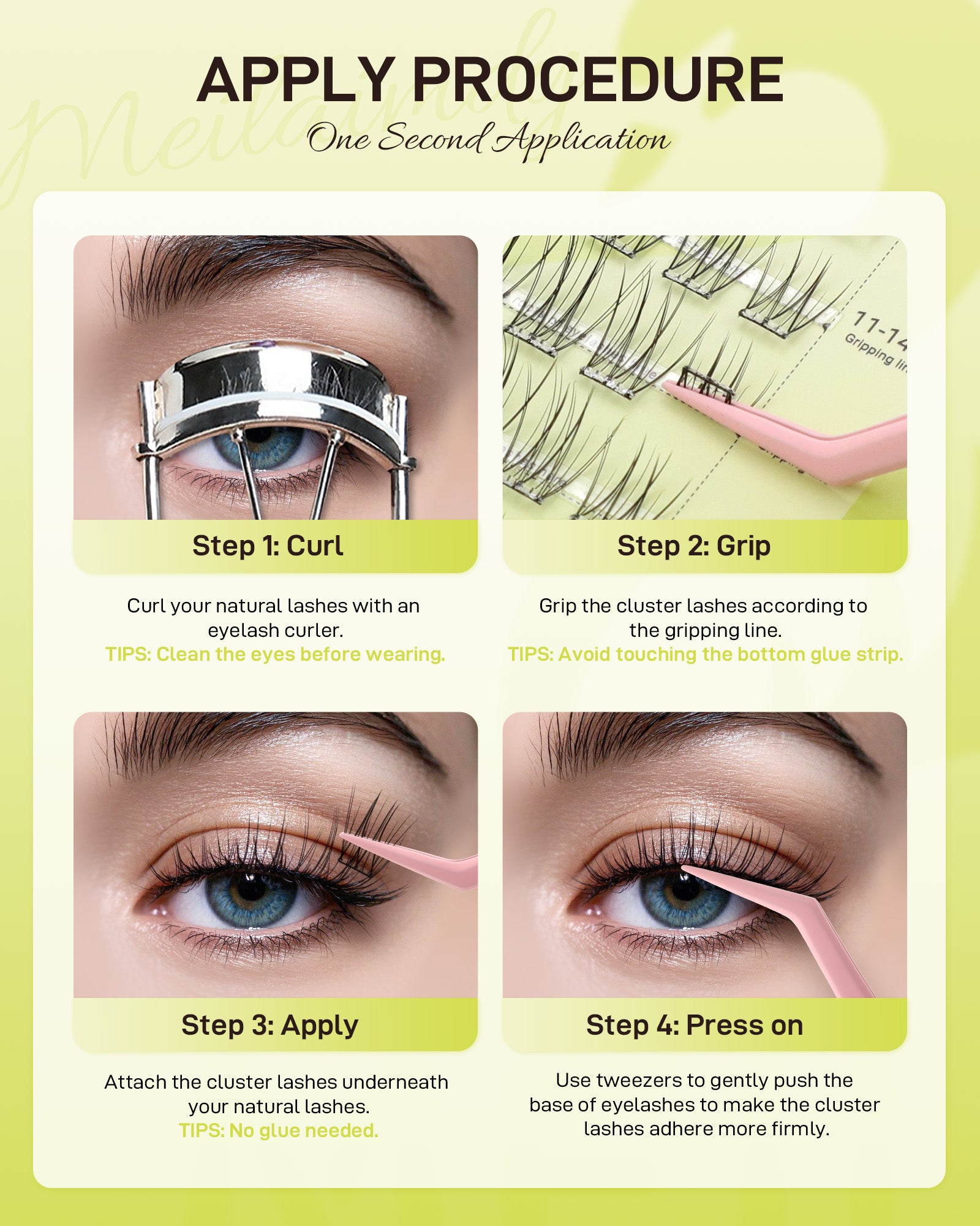 MEILAIMDY Self Adhesive DIY Lashes,0.07mm C Curl 48 Clusters 11-14mm Mixed Length Pre Glued False Eyelashes No Glue Needed Natural Wispy MSA-DIY-014