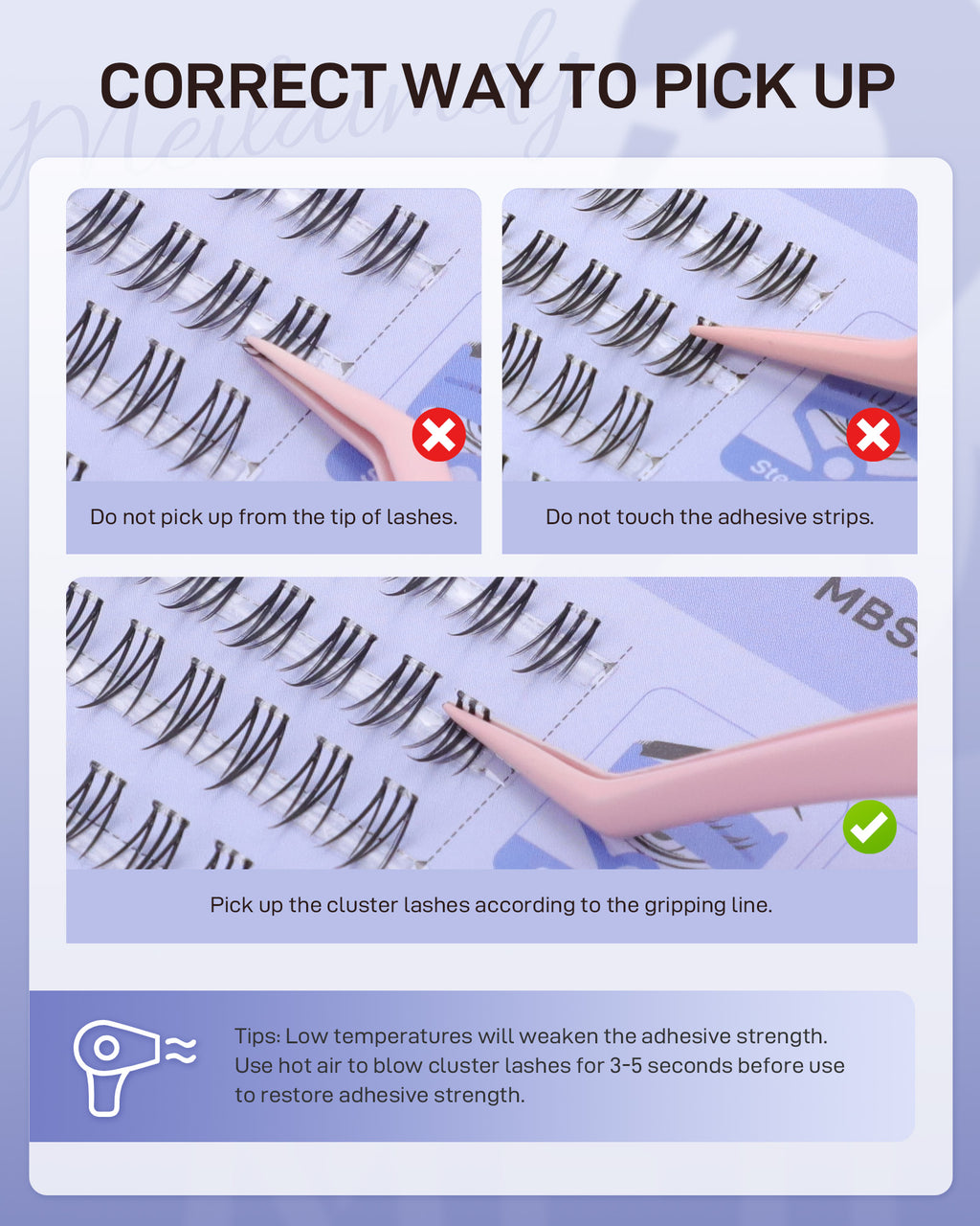 MEILAIMDY Self Adhesive DIY Bottom Lashes,0.07mm J Curl 90 Clusters 6-8mm Mixed Length Pre Glued Lower Eyelashes No Glue Needed Natural MBSA-DIY-001