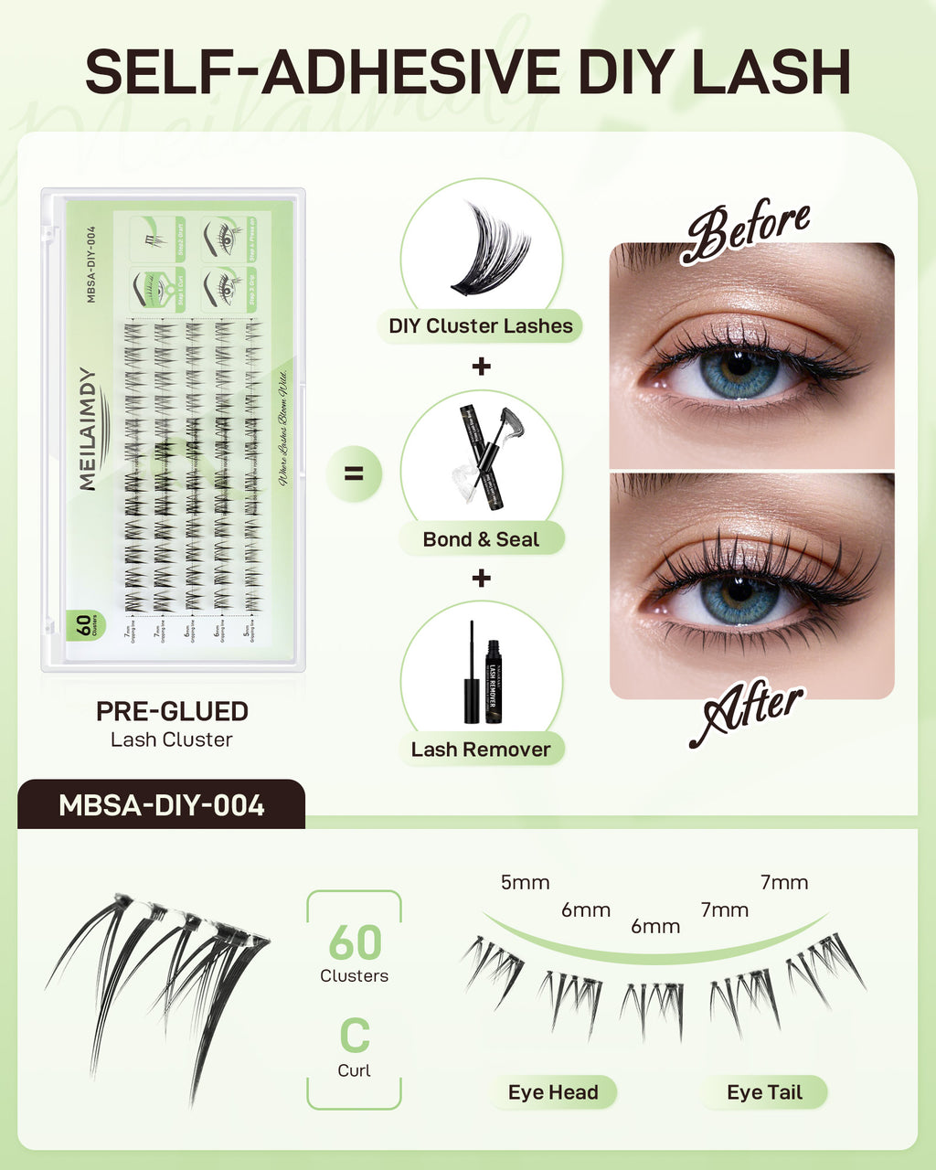 MEILAIMDY Self Adhesive DIY Bottom Lashes,0.07mm J Curl 60 Clusters 5-7mm Mixed Length Pre Glued Lower Eyelashes No Glue Needed Natural MBSA-DIY-004