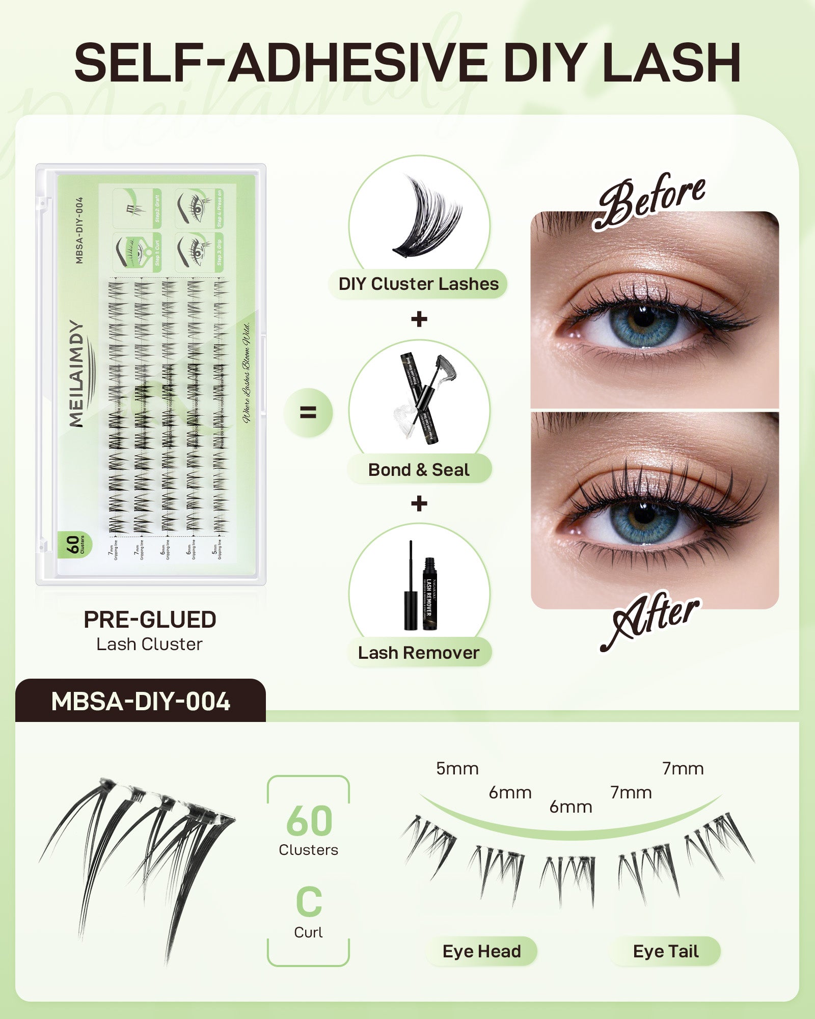 MEILAIMDY Self Adhesive DIY Bottom Lashes,0.07mm J Curl 60 Clusters 5-7mm Mixed Length Pre Glued Lower Eyelashes No Glue Needed Natural MBSA-DIY-004