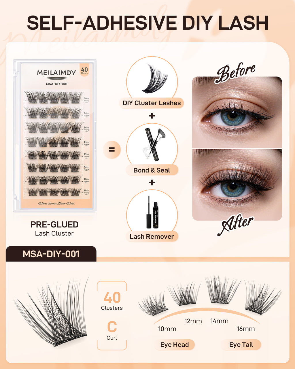 MEILAIMDY Self Adhesive DIY Lashes,0.07mm C Curl 40 Clusters 10-16mm Mixed Length Pre Glued False Eyelashes No Glue Needed Natural MSA-DIY-001