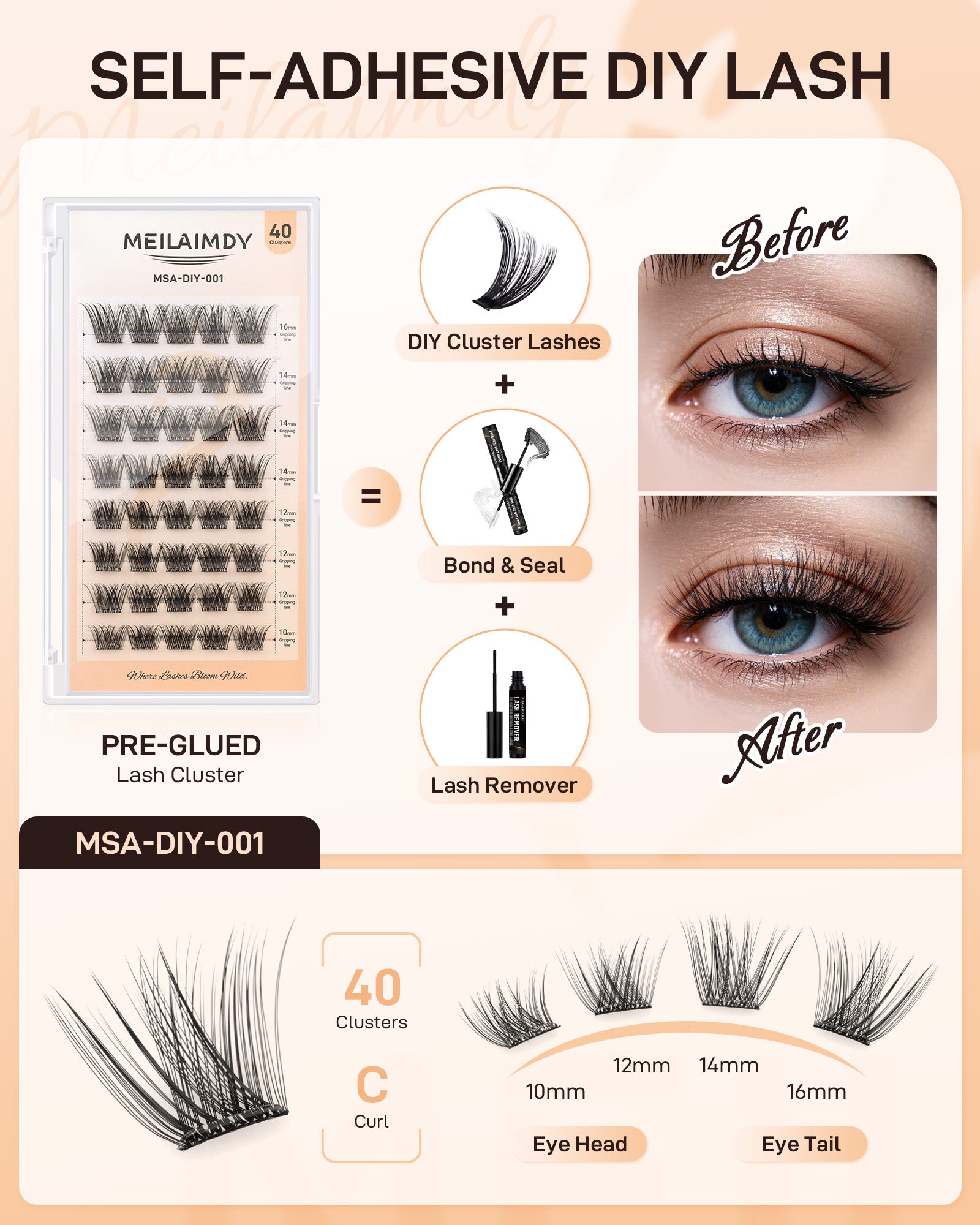 MEILAIMDY Self Adhesive DIY Lashes,0.07mm C Curl 40 Clusters 10-16mm Mixed Length Pre Glued False Eyelashes No Glue Needed Natural MSA-DIY-001
