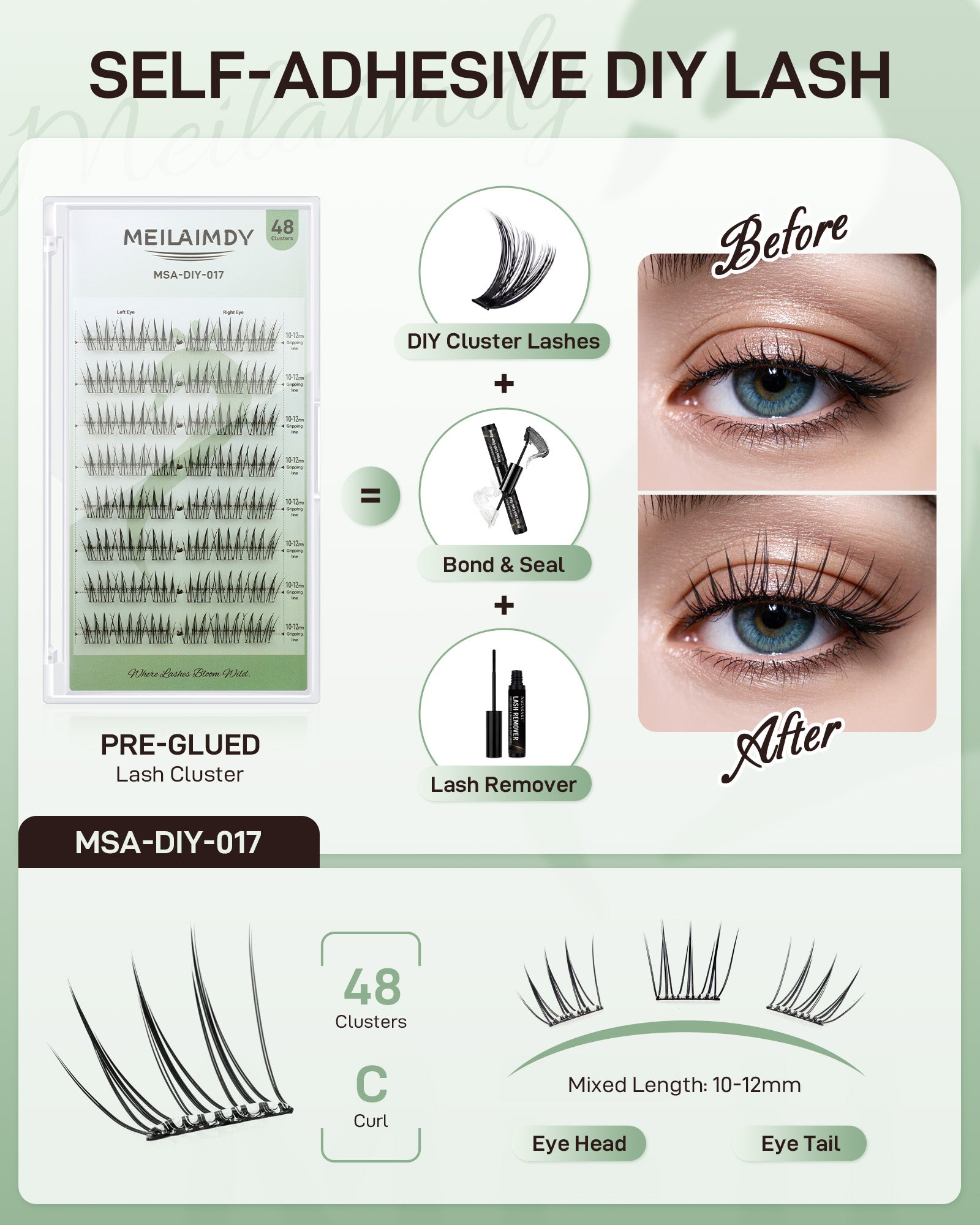 MEILAIMDY Self Adhesive DIY Lashes,0.07mm C Curl 48 Clusters 10-12mm Mixed Length Pre Glued False Eyelashes No Glue Needed Natural Wispy MSA-DIY-017