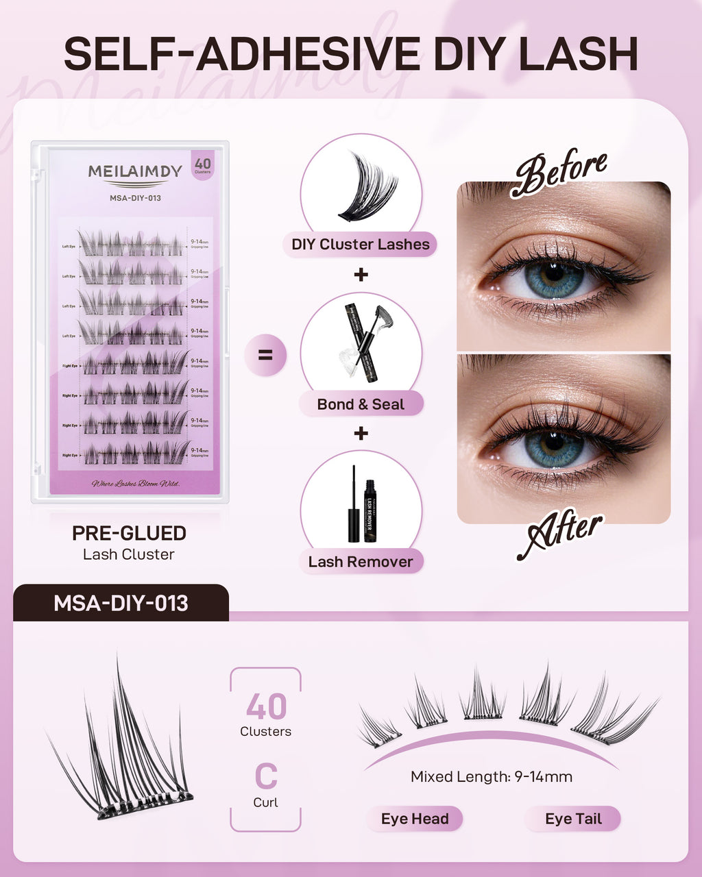 MEILAIMDY Self Adhesive DIY Lashes,0.07mm C Curl 40 Clusters 9-14mm Mixed Length Pre Glued False Eyelashes No Glue Needed Natural Wispy MSA-DIY-013