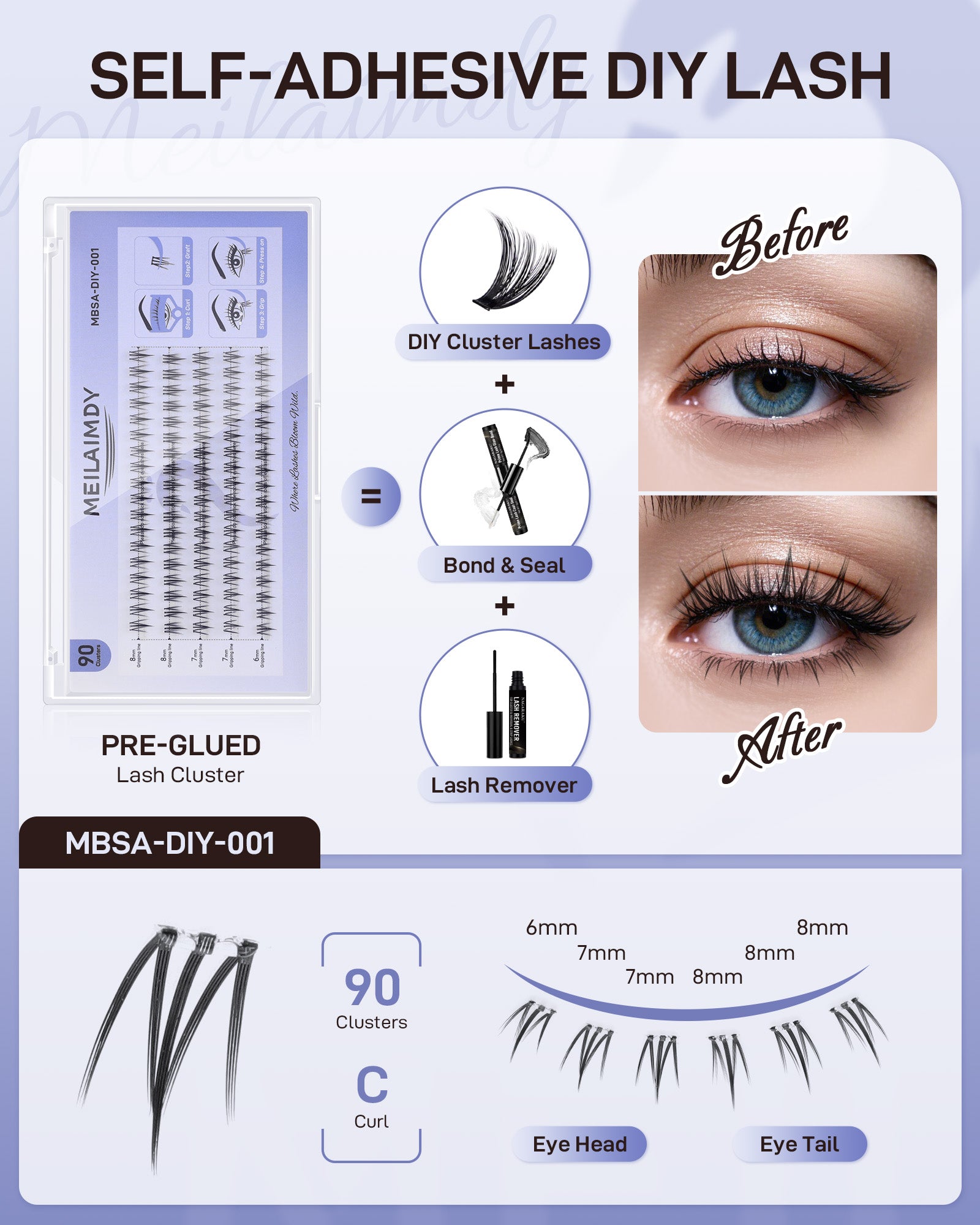 MEILAIMDY Self Adhesive DIY Bottom Lashes,0.07mm J Curl 90 Clusters 6-8mm Mixed Length Pre Glued Lower Eyelashes No Glue Needed Natural MBSA-DIY-001