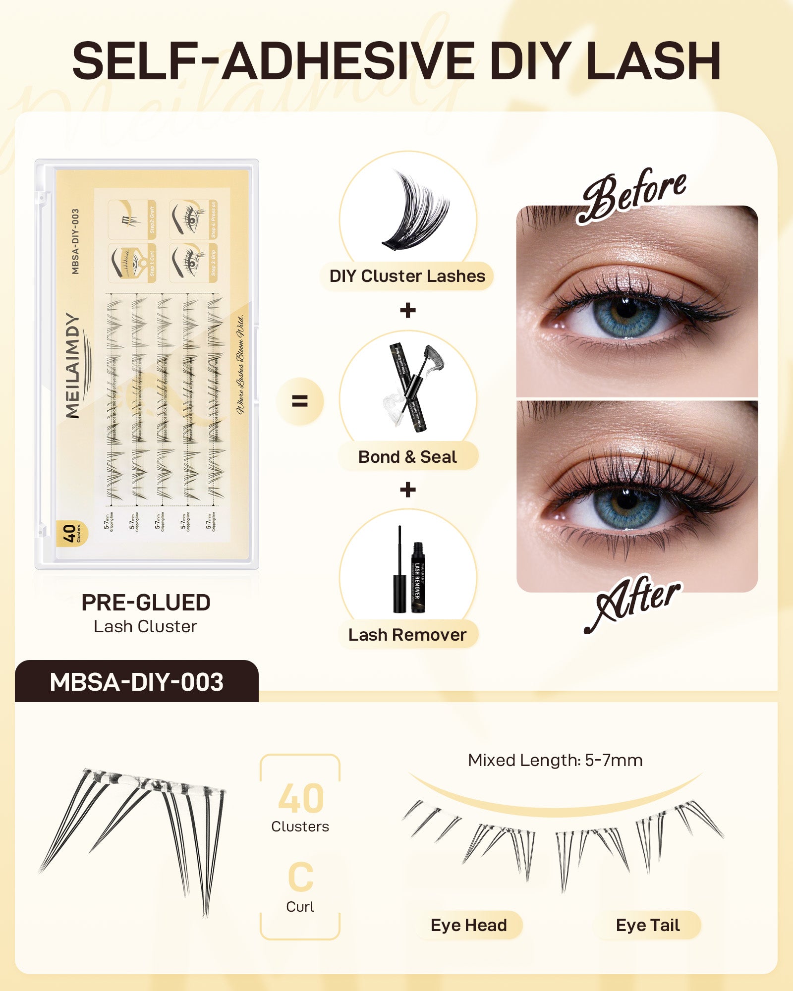 MEILAIMDY Self Adhesive DIY Bottom Lashes,0.07mm J Curl 40 Clusters 5-7mm Mixed Length Pre Glued Lower Eyelashes No Glue Needed Natural MBSA-DIY-003
