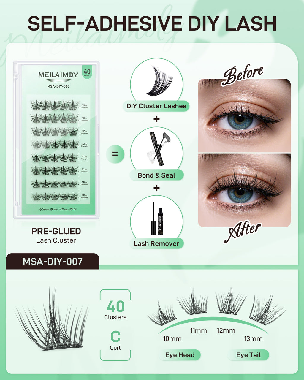 MEILAIMDY Self Adhesive DIY Lashes,0.07mm C Curl 40 Clusters 10-13mm Mixed Length Pre Glued False Eyelashes No Glue Needed Natural MSA-DIY-007