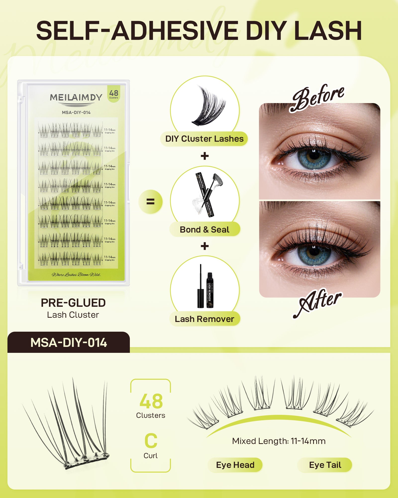 MEILAIMDY Self Adhesive DIY Lashes,0.07mm C Curl 48 Clusters 11-14mm Mixed Length Pre Glued False Eyelashes No Glue Needed Natural Wispy MSA-DIY-014
