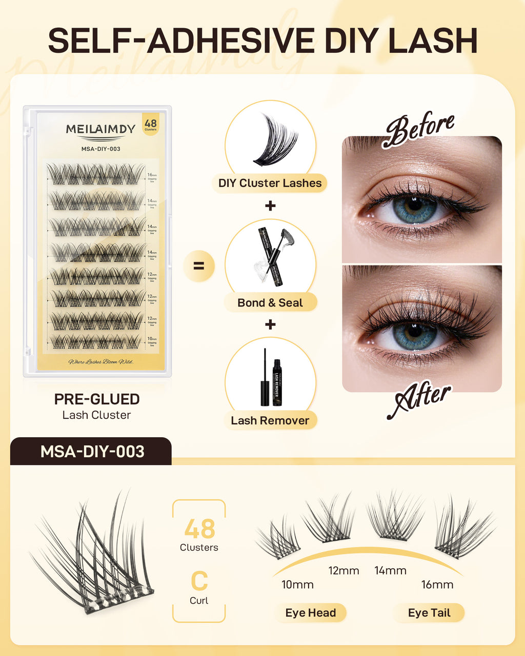 MEILAIMDY Self Adhesive DIY Lashes,0.07mm C Curl 48 Clusters 10-16mm Mixed Length Pre Glued False Eyelashes No Glue Needed Volume MSA-DIY-003